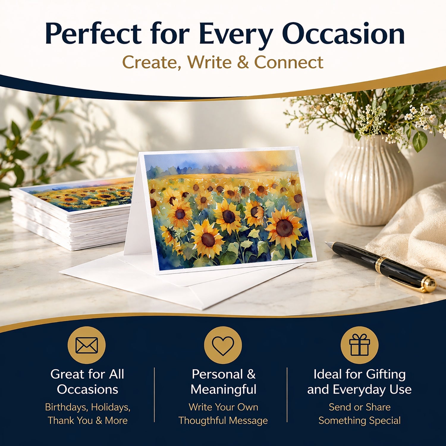 Sunflowers in Watercolor Greeting Cards Pack of 8 Blank Cards with Envelopes Whimsical A7 Size 5x7