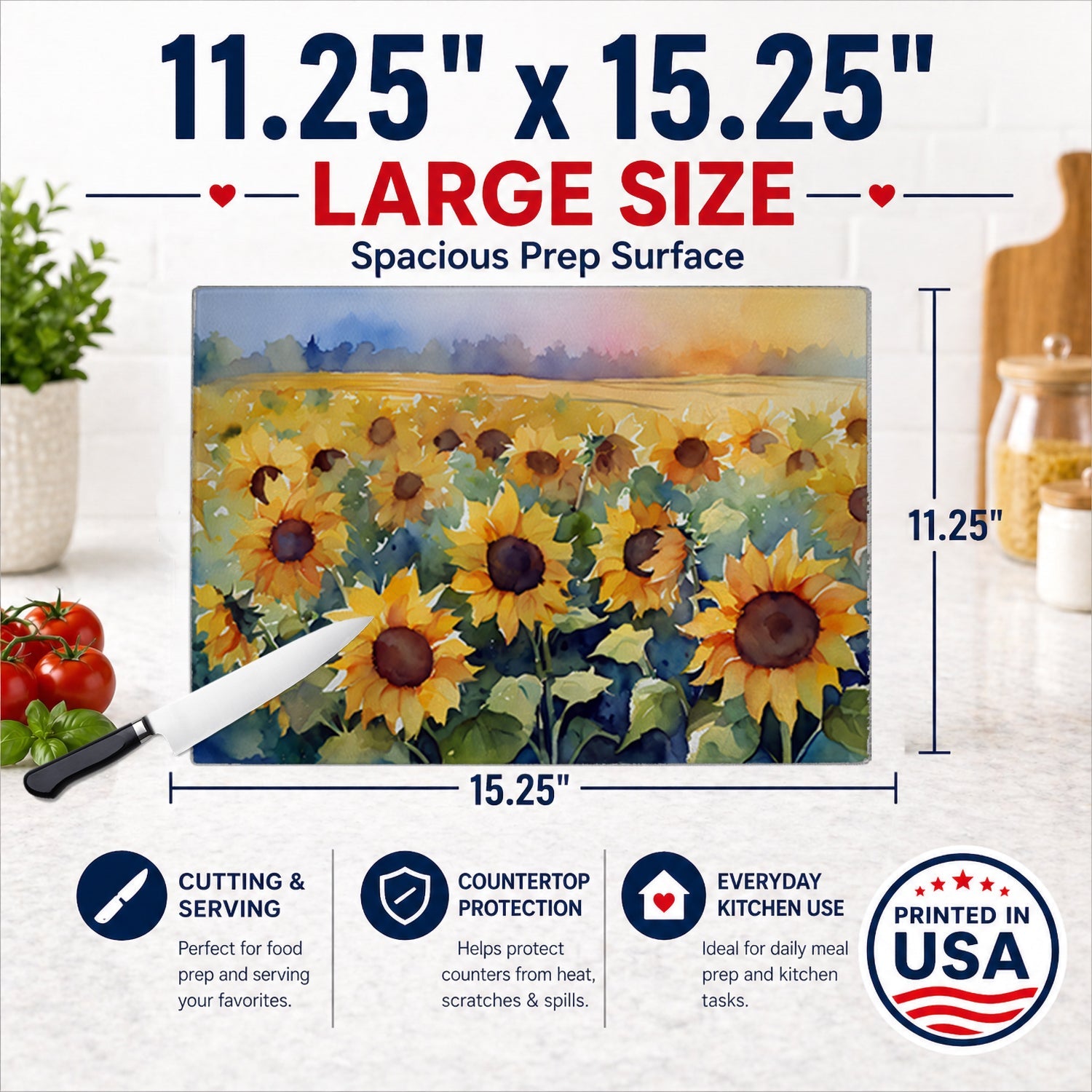 Sunflowers in Watercolor Cutting Board Tempered Glass Kitchen Cutting Surface, Heat Resistant Chopping, Non-Slip Feet, Food Prep & Serving