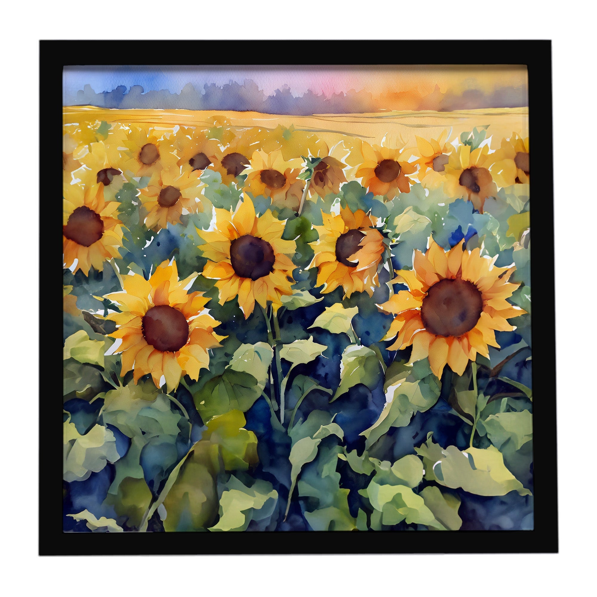 Sunflowers in Watercolor Framed Metal Print Bathroom, Kitchen, Office, Home Decor Wall Art Ready to Hang, Square, 8X8
