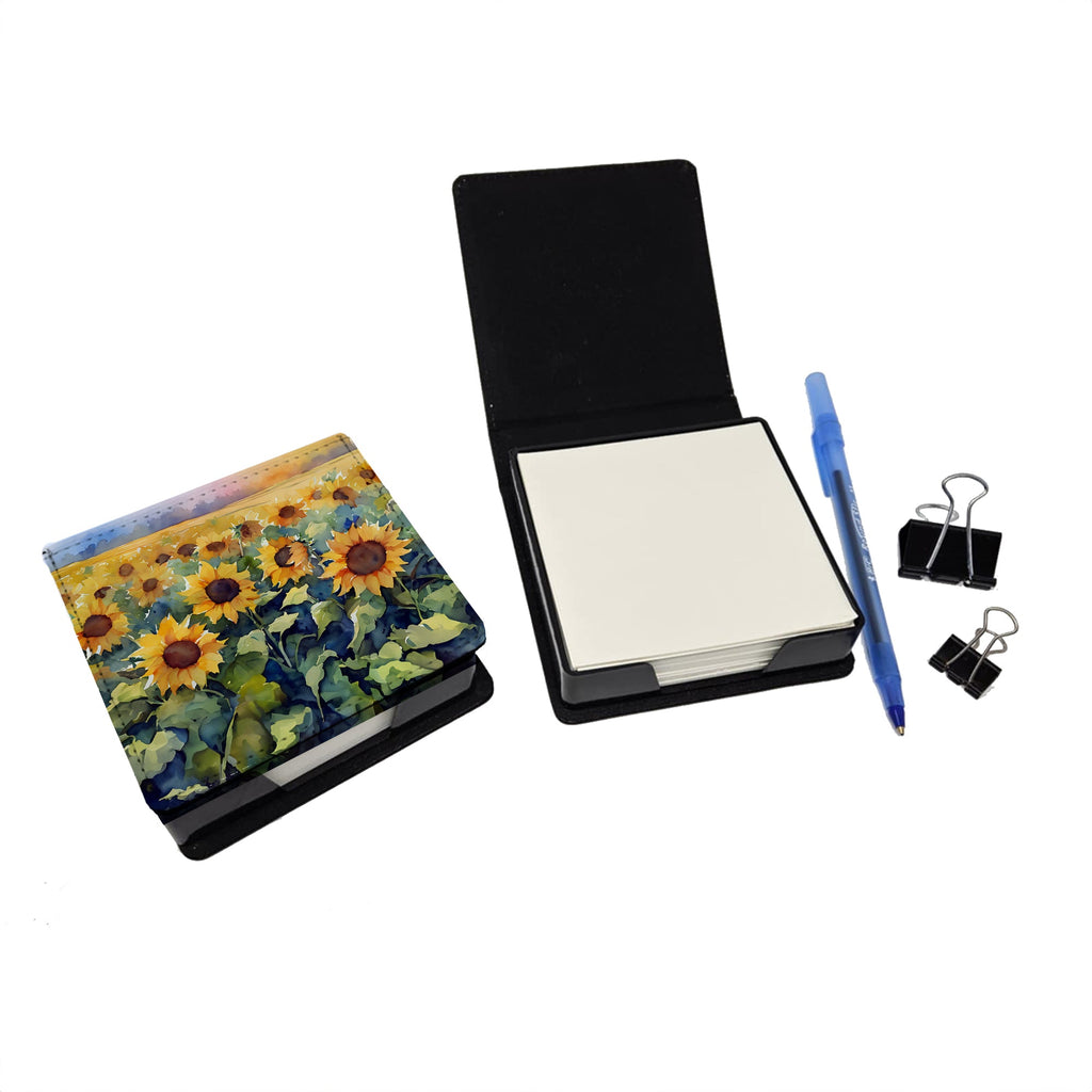 Sunflowers in Watercolor PU Leather Note Paper Holder with Artist-Designed Cover, Desk Accessory, Office Gift