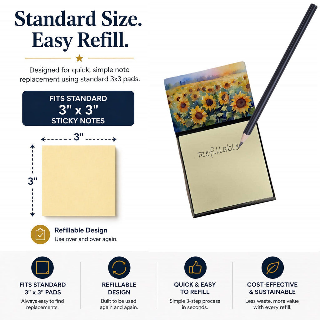 Sunflowers in Watercolor Watercolor Sticky Note Holder Refillable Dispenser Desk Accessory 3x3 Pad Gift