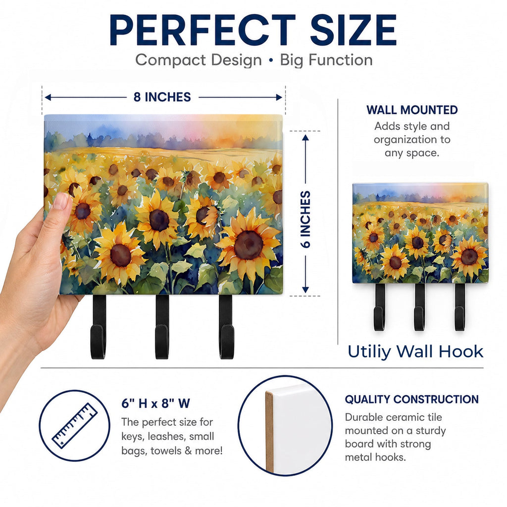 Sunflowers in Watercolor Leash or Key Holder Wall Hooks, Coat Rack Wall Mount, for Hanging Keys, Towels, Aprons, Leashes