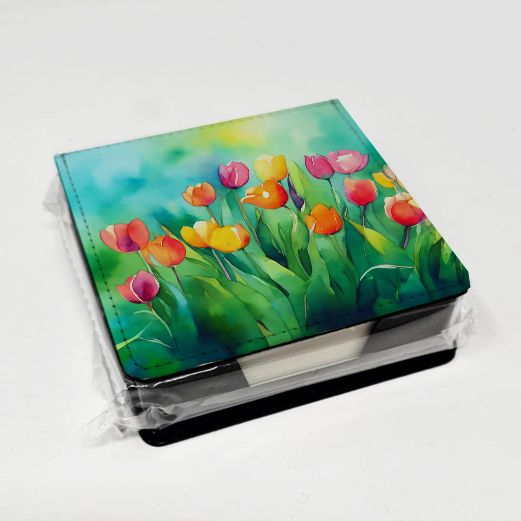 Tulips in Watercolor PU Leather Note Paper Holder with Artist-Designed Cover, Desk Accessory, Office Gift