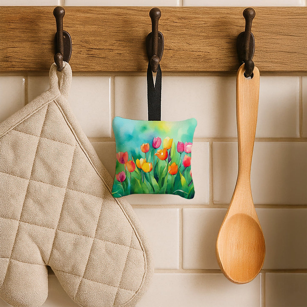 Tulips in Watercolor Hanging Square Fabric Ornament 3.5 × 3.5 Decorative Door-Knob & Tree Hanger, Soft Fabric
