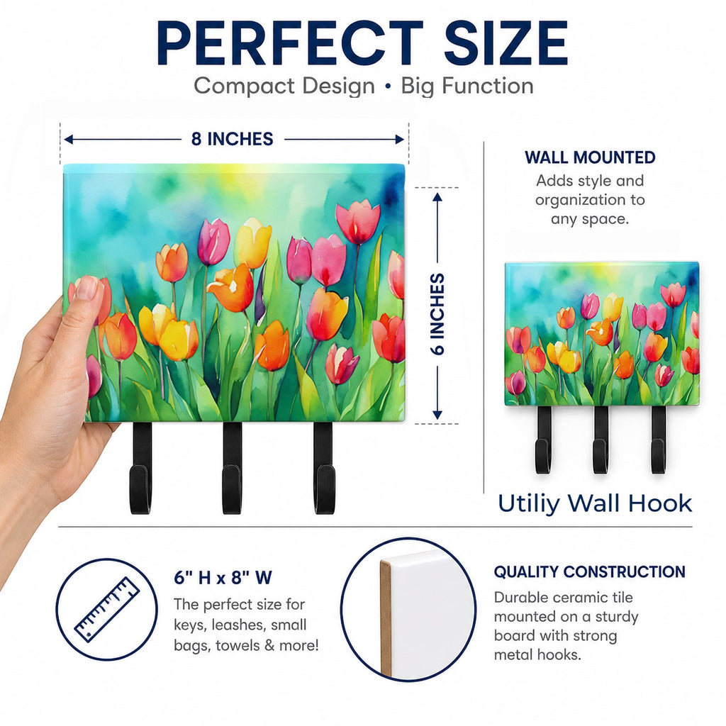 Tulips in Watercolor Leash or Key Holder Wall Hooks, Coat Rack Wall Mount, for Hanging Keys, Towels, Aprons, Leashes