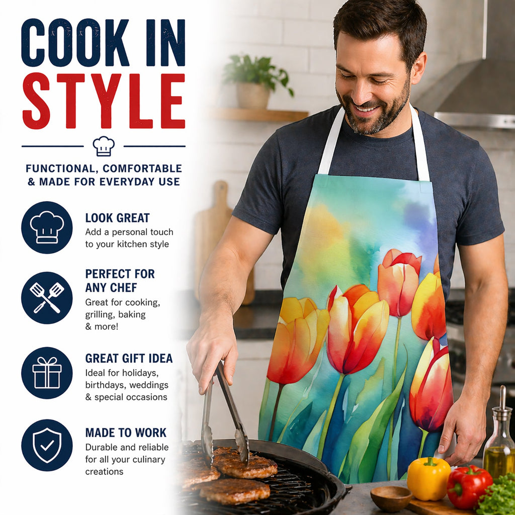 Tulips in Watercolor Apron Cooking Kitchen Server Baking Crafts Gardening for Adult Women Men, Unisex, Large, Multicolor