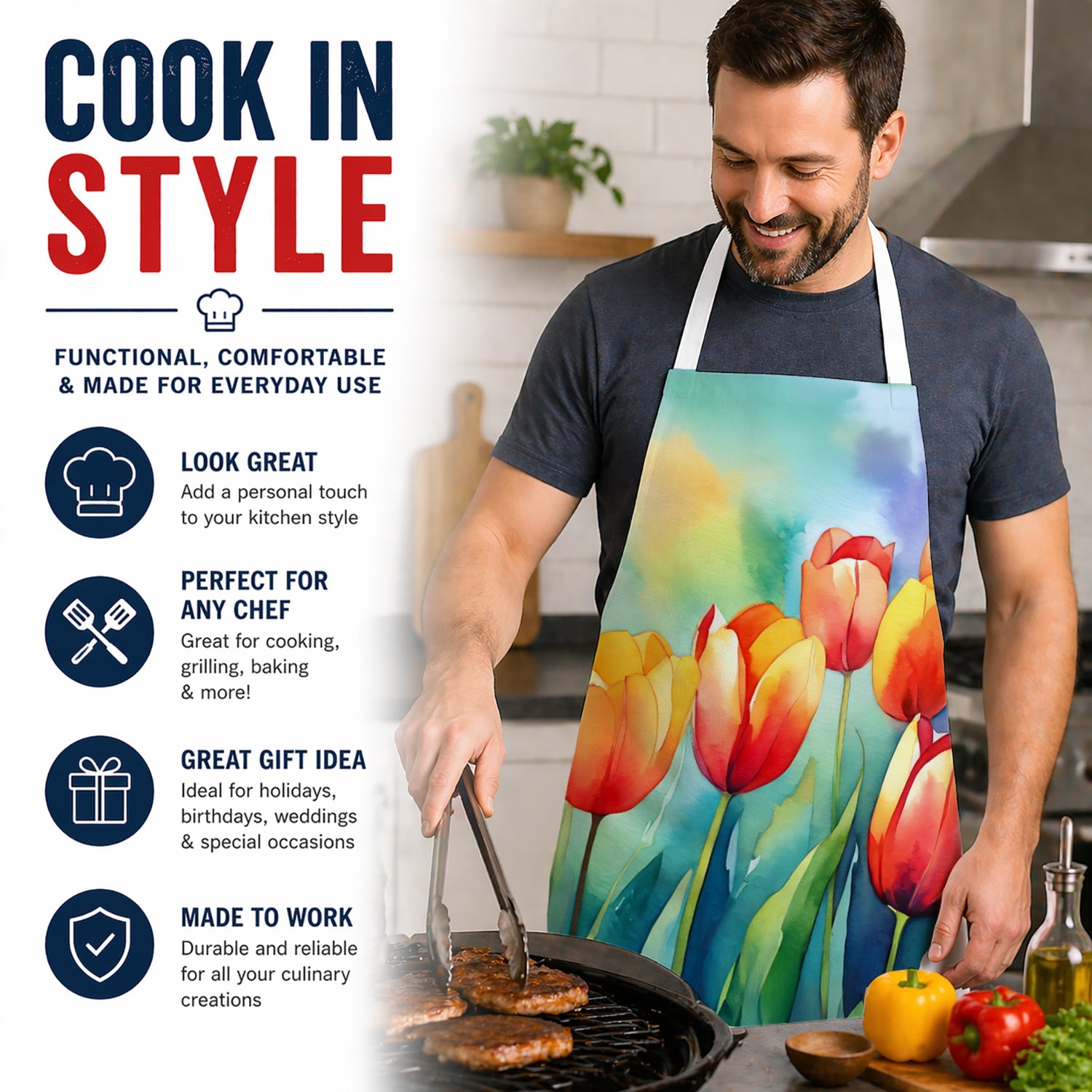 Tulips in Watercolor Apron Cooking Kitchen Server Baking Crafts Gardening for Adult Women Men, Unisex, Large, Multicolor