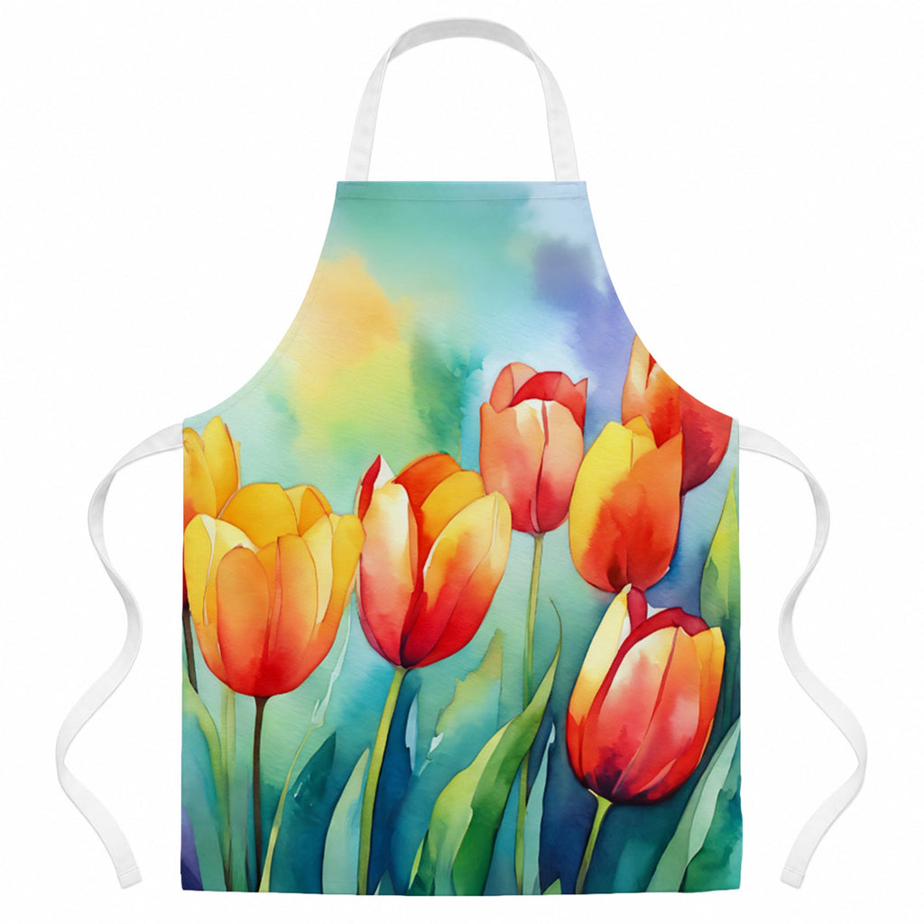 Tulips in Watercolor Apron Cooking Kitchen Server Baking Crafts Gardening for Adult Women Men, Unisex, Large, Multicolor