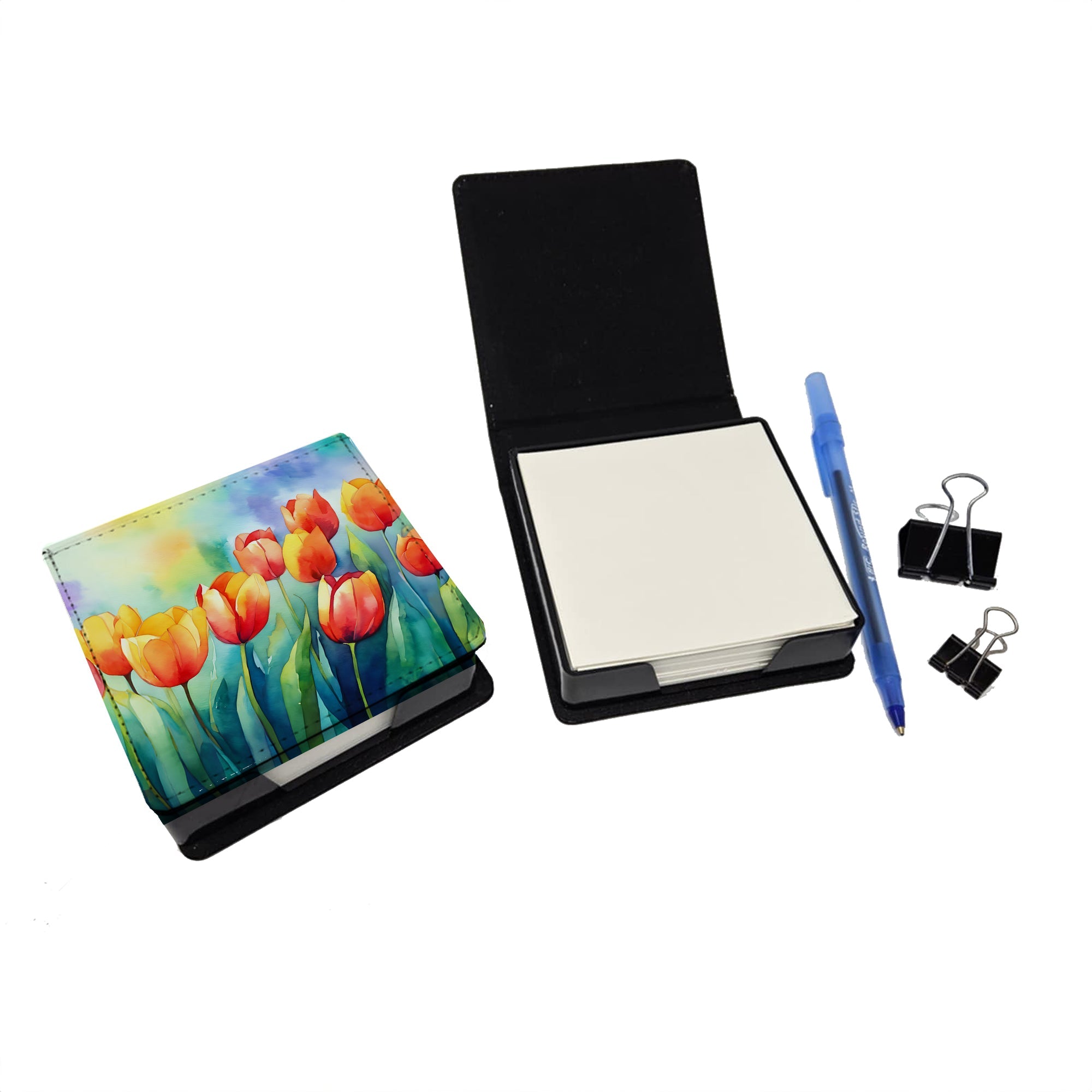 Tulips in Watercolor PU Leather Note Paper Holder with Artist-Designed Cover, Desk Accessory, Office Gift