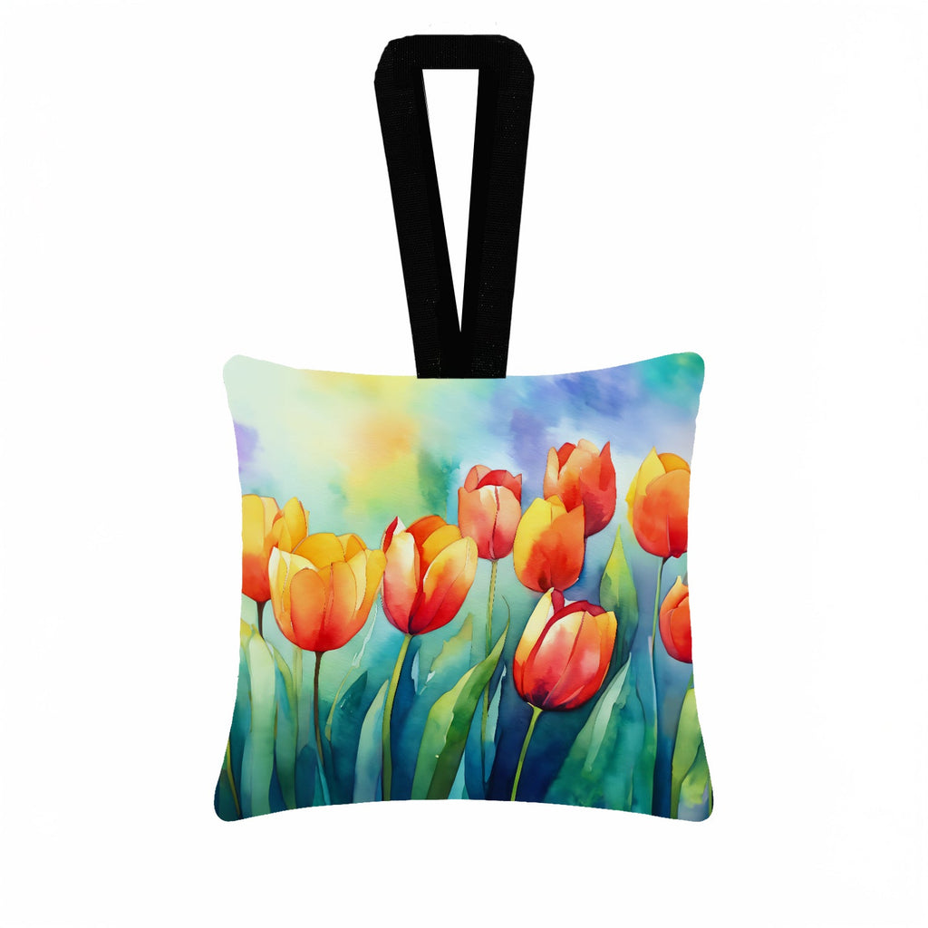 Tulips in Watercolor Hanging Square Fabric Ornament 3.5 × 3.5 Decorative Door-Knob & Tree Hanger, Soft Fabric