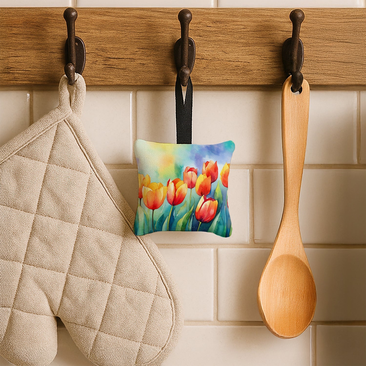 Tulips in Watercolor Hanging Square Fabric Ornament 3.5 × 3.5 Decorative Door-Knob & Tree Hanger, Soft Fabric