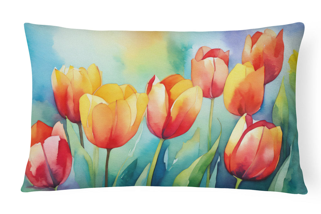 Tulips in Watercolor Decorative Throw Pillow 12x16 Indoor Outdoor Accent Cushion, Fabric Cover with Insert for Sofa, Bed, Porch & Living Room