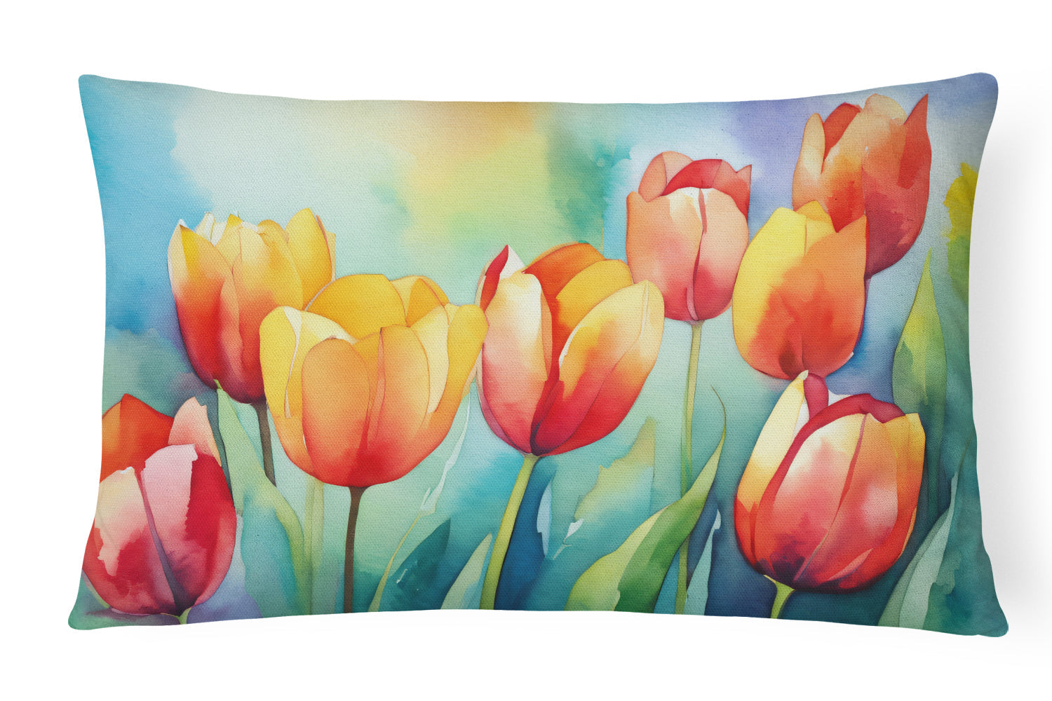 Tulips in Watercolor Decorative Throw Pillow 12x16 Indoor Outdoor Accent Cushion, Fabric Cover with Insert for Sofa, Bed, Porch & Living Room
