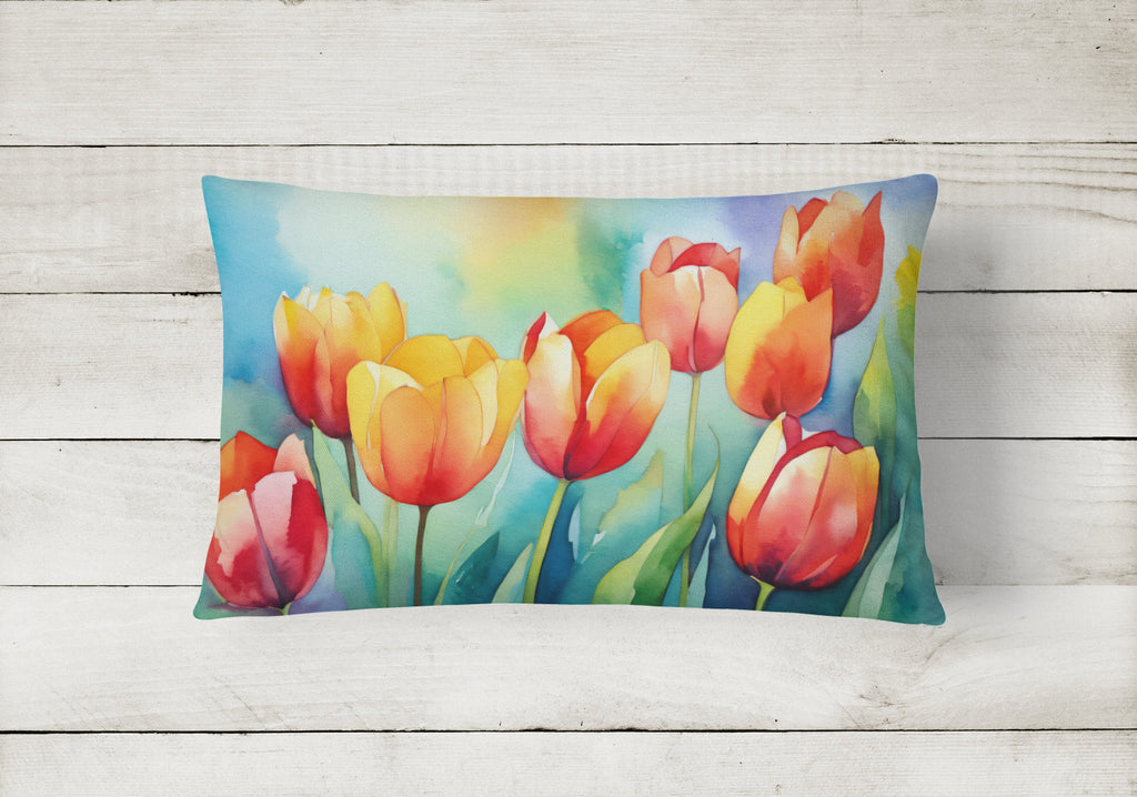 Tulips in Watercolor Decorative Throw Pillow 12x16 Indoor Outdoor Accent Cushion, Fabric Cover with Insert for Sofa, Bed, Porch & Living Room