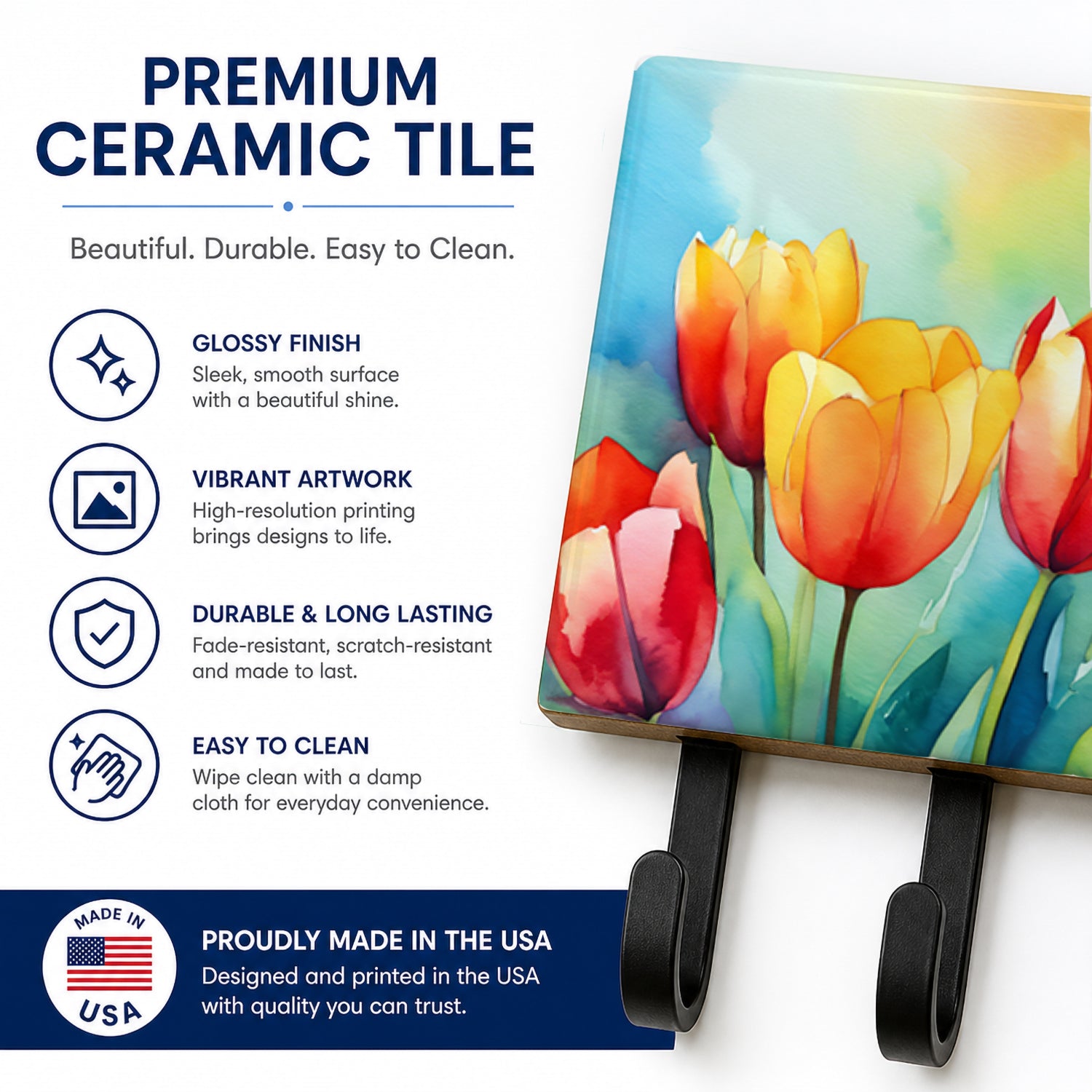 Tulips in Watercolor Leash or Key Holder Wall Hooks, Coat Rack Wall Mount, for Hanging Keys, Towels, Aprons, Leashes