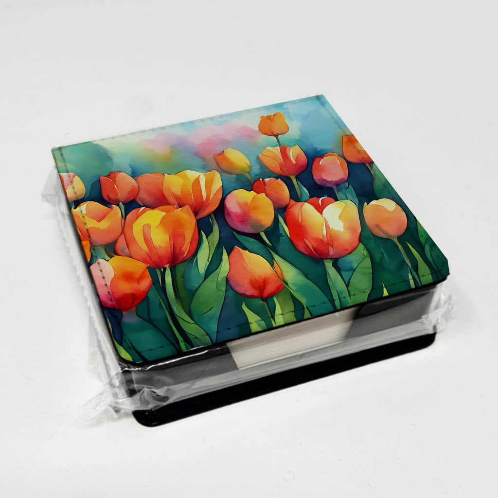 Tulips in Watercolor PU Leather Note Paper Holder with Artist-Designed Cover, Desk Accessory, Office Gift