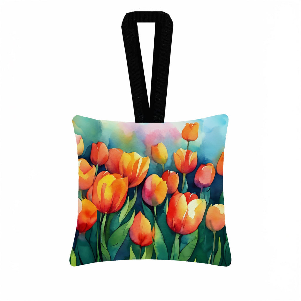 Tulips in Watercolor Hanging Square Fabric Ornament 3.5 × 3.5 Decorative Door-Knob & Tree Hanger, Soft Fabric