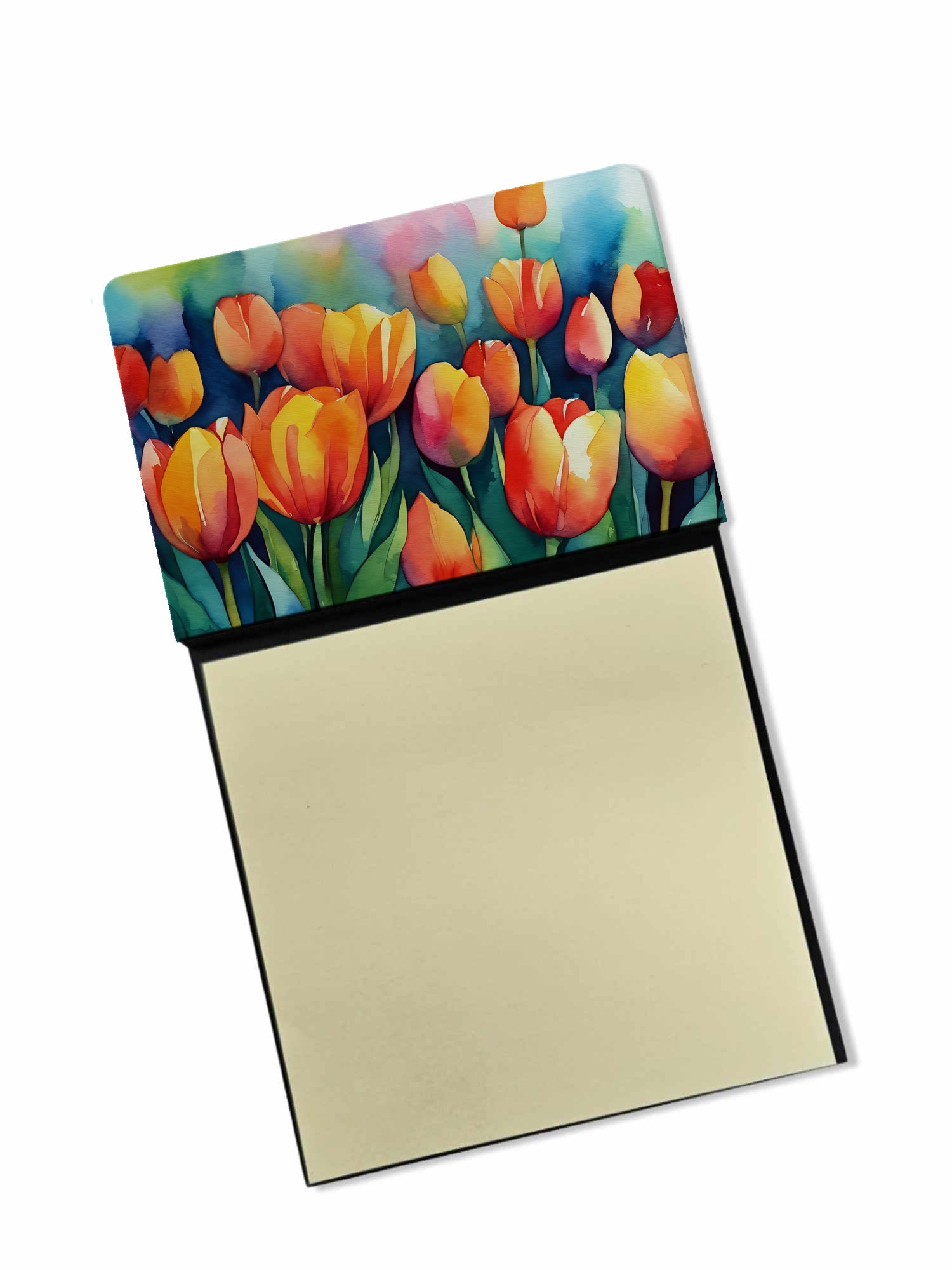 Tulips in Watercolor Watercolor Sticky Note Holder Refillable Dispenser Desk Accessory 3x3 Pad Gift