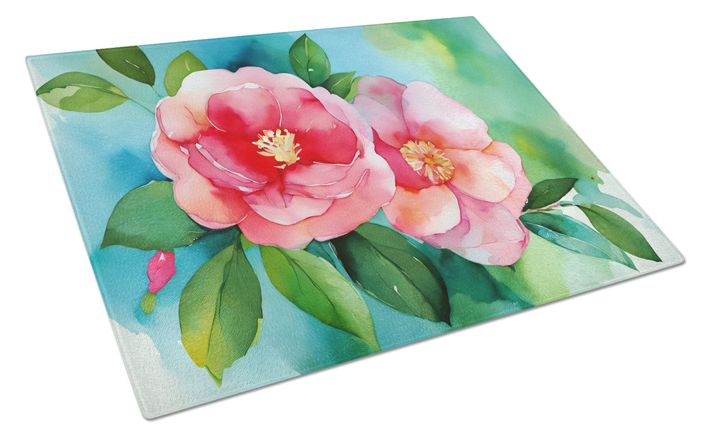 Alabama Camellia in Watercolor Cutting Board Tempered Glass Kitchen Cutting Surface, Heat Resistant Chopping, Non-Slip Feet, Food Prep & Serving