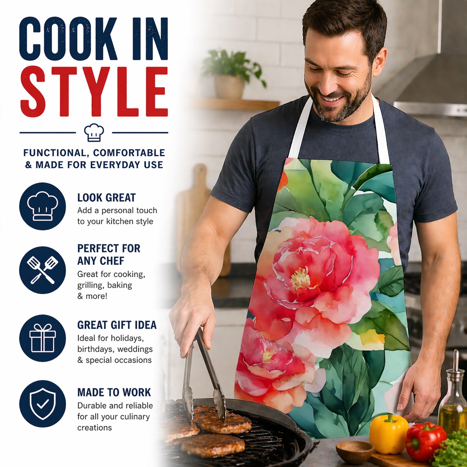 Alabama Camellia in Watercolor Apron Cooking Kitchen Server Baking Crafts Gardening for Adult Women Men, Unisex, Large, Multicolor