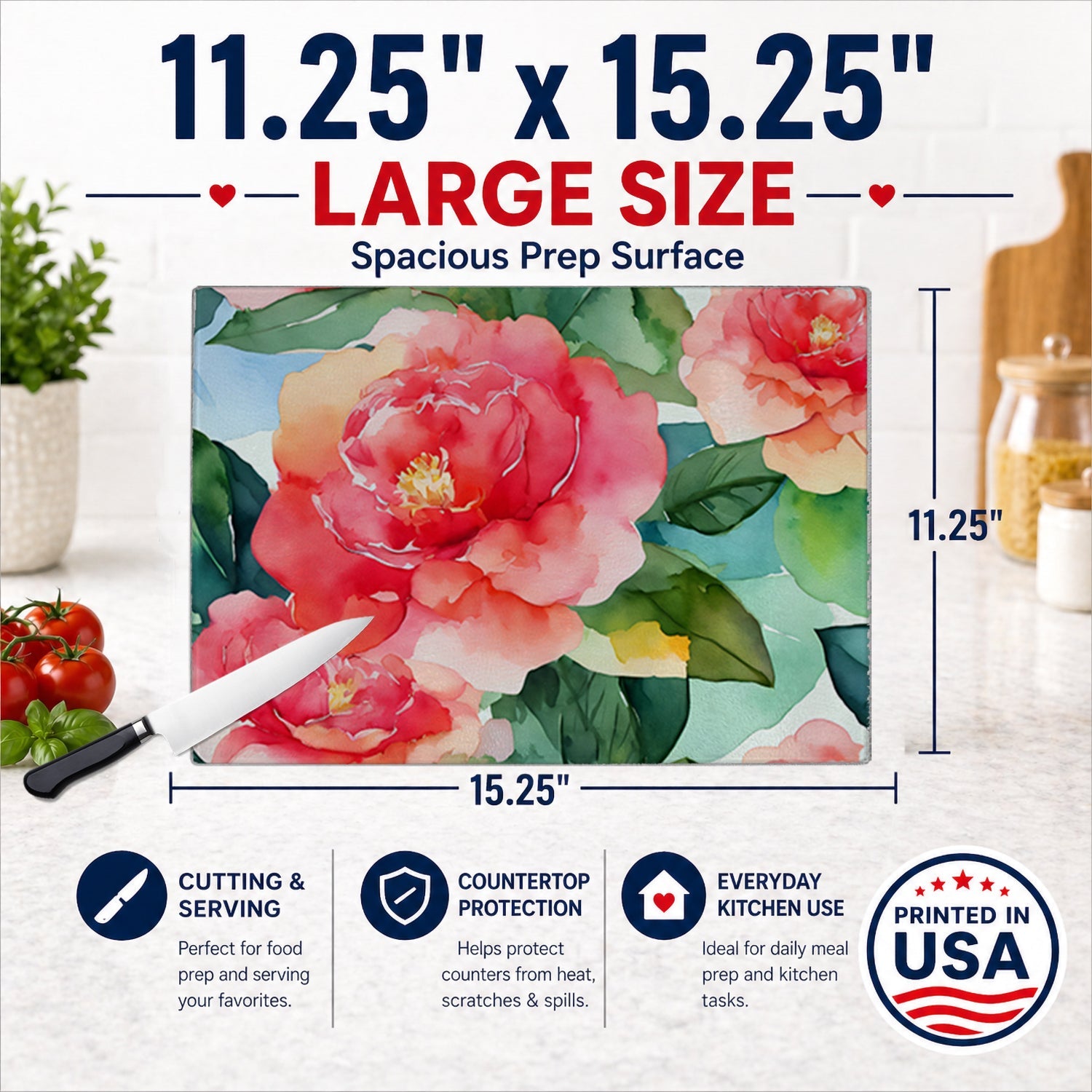 Alabama Camellia in Watercolor Cutting Board Tempered Glass Kitchen Cutting Surface, Heat Resistant Chopping, Non-Slip Feet, Food Prep & Serving
