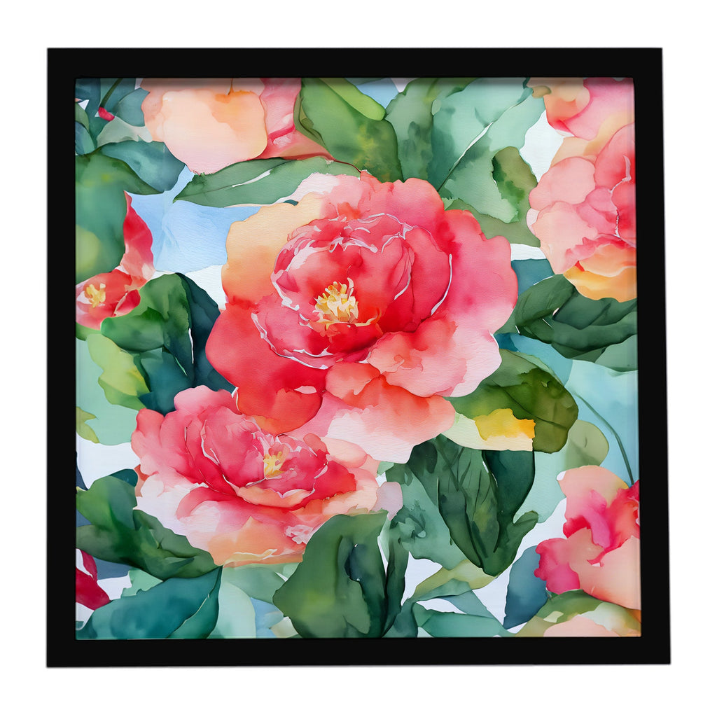 Alabama Camellia in Watercolor Framed Metal Print Bathroom, Kitchen, Office, Home Decor Wall Art Ready to Hang, Square, 8X8