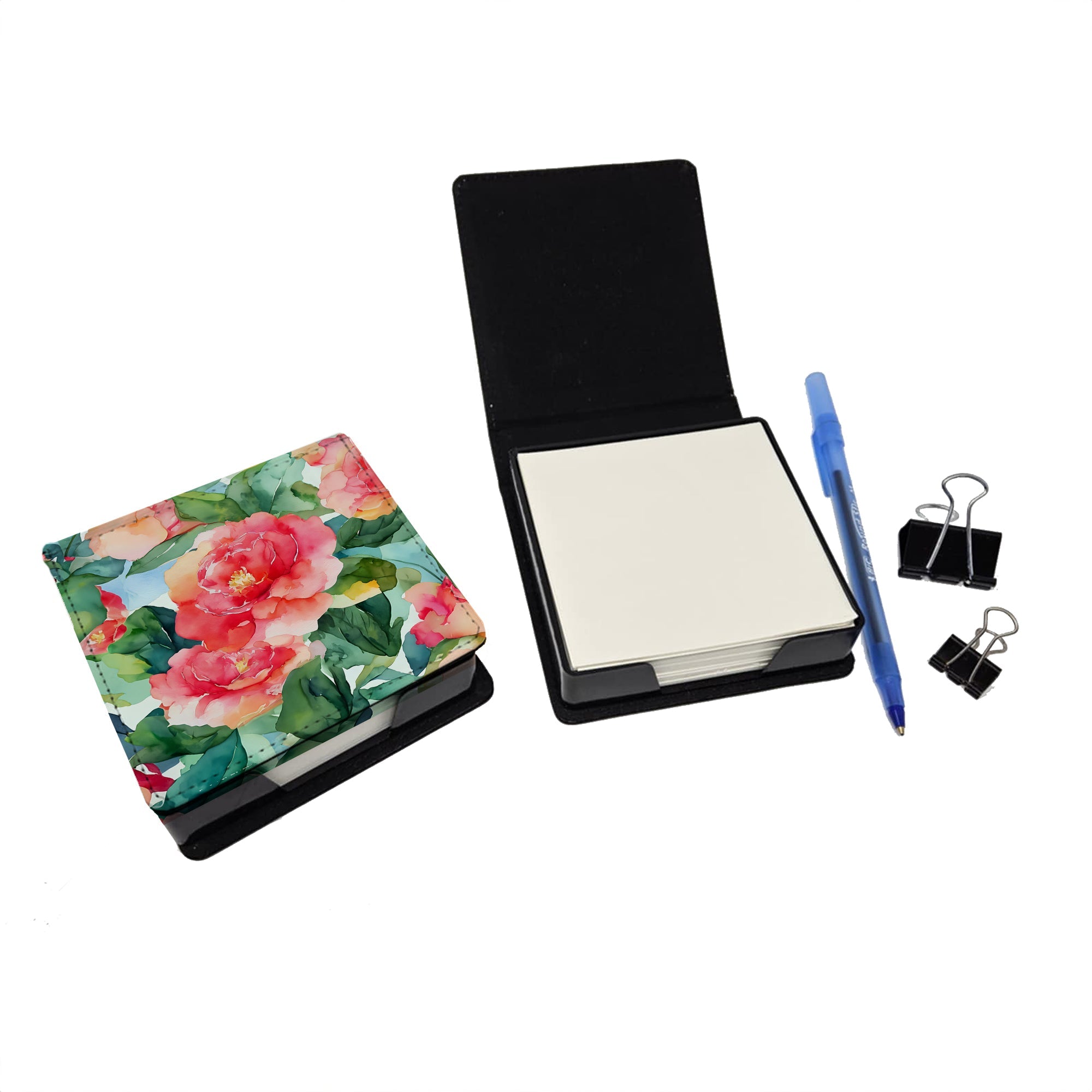 Alabama Camellia in Watercolor PU Leather Note Paper Holder with Artist-Designed Cover, Desk Accessory, Office Gift