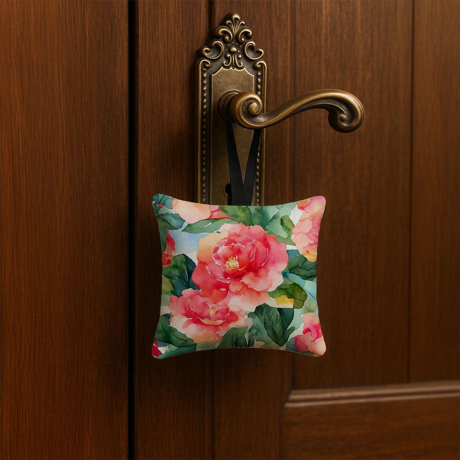 Alabama Camellia in Watercolor Hanging Square Fabric Ornament 3.5 × 3.5 Decorative Door-Knob & Tree Hanger, Soft Fabric
