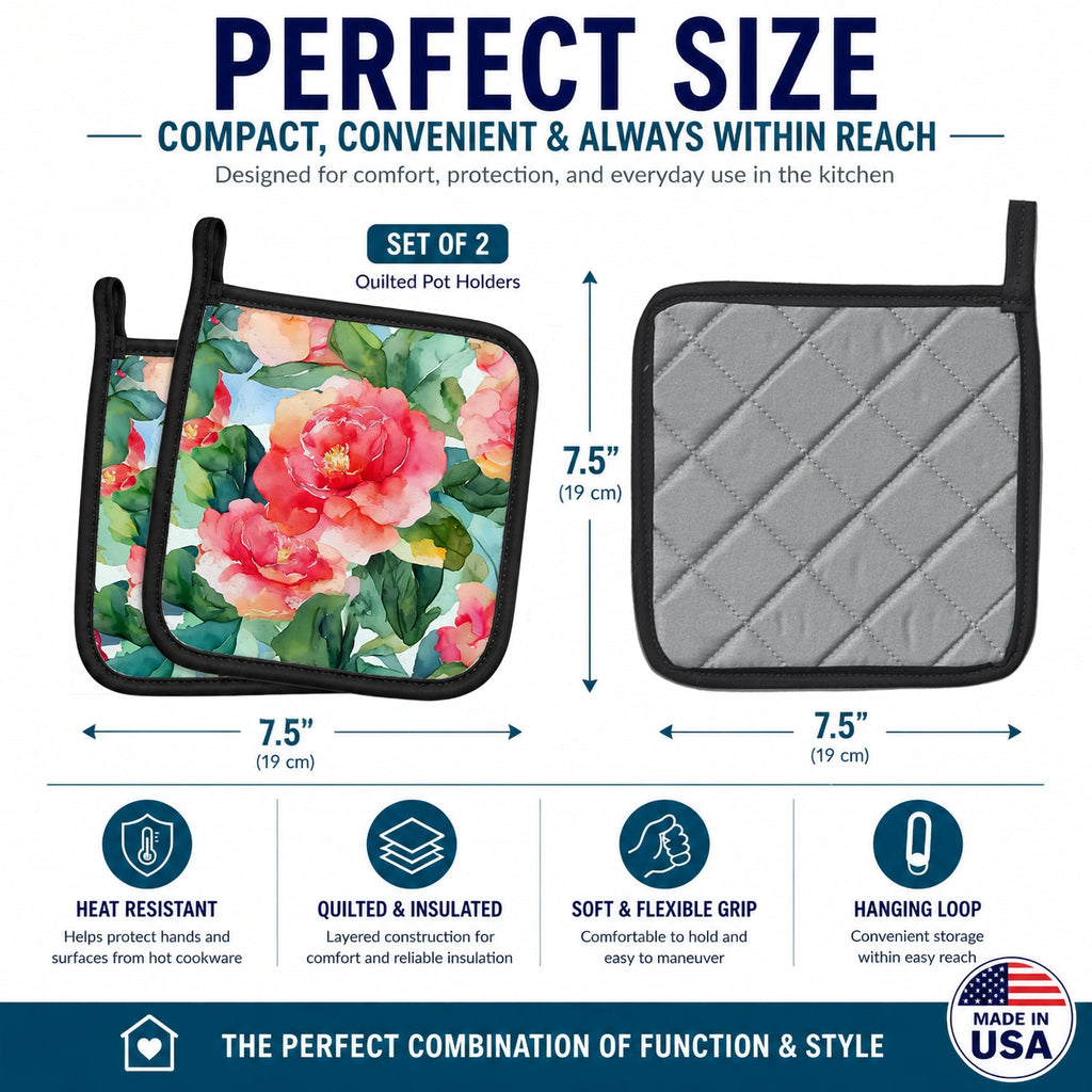 Alabama Camellia in Watercolor Pot Holder Set of 2 Heat Resistant Quilted Hot Pads 7.5 x 7.5 Inch, Insulated Kitchen Trivets for Cooking & Baking