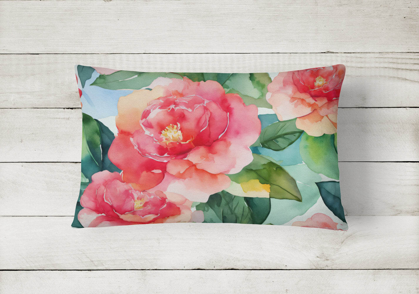 Alabama Camellia in Watercolor Decorative Throw Pillow 12x16 Indoor Outdoor Accent Cushion, Fabric Cover with Insert for Sofa, Bed, Porch & Living Room