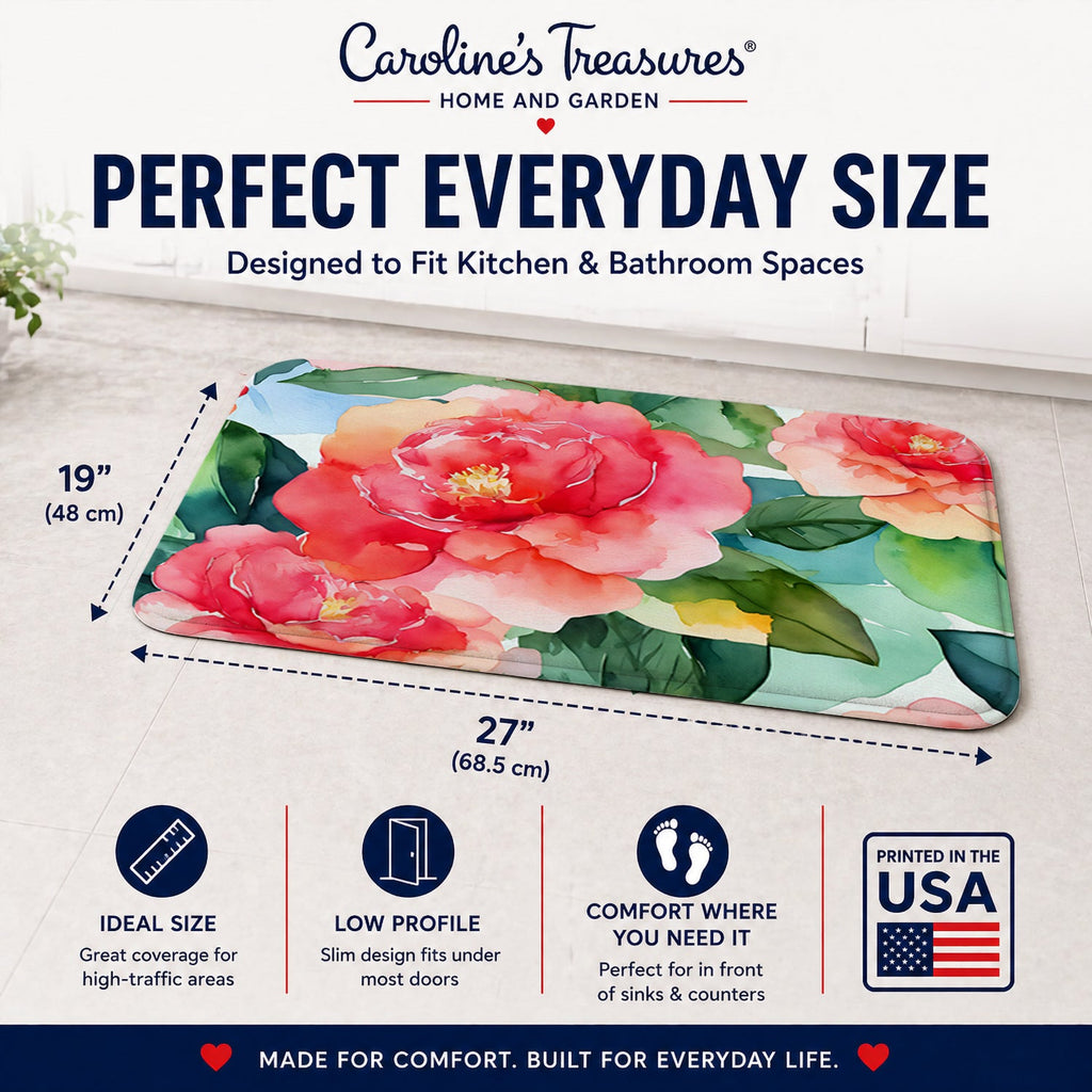 Alabama Camellia in Watercolor Memory Foam Kitchen Mat Machine Washable Anti-Fatigue Cushion Comfort Bath or Kitchen Rug
