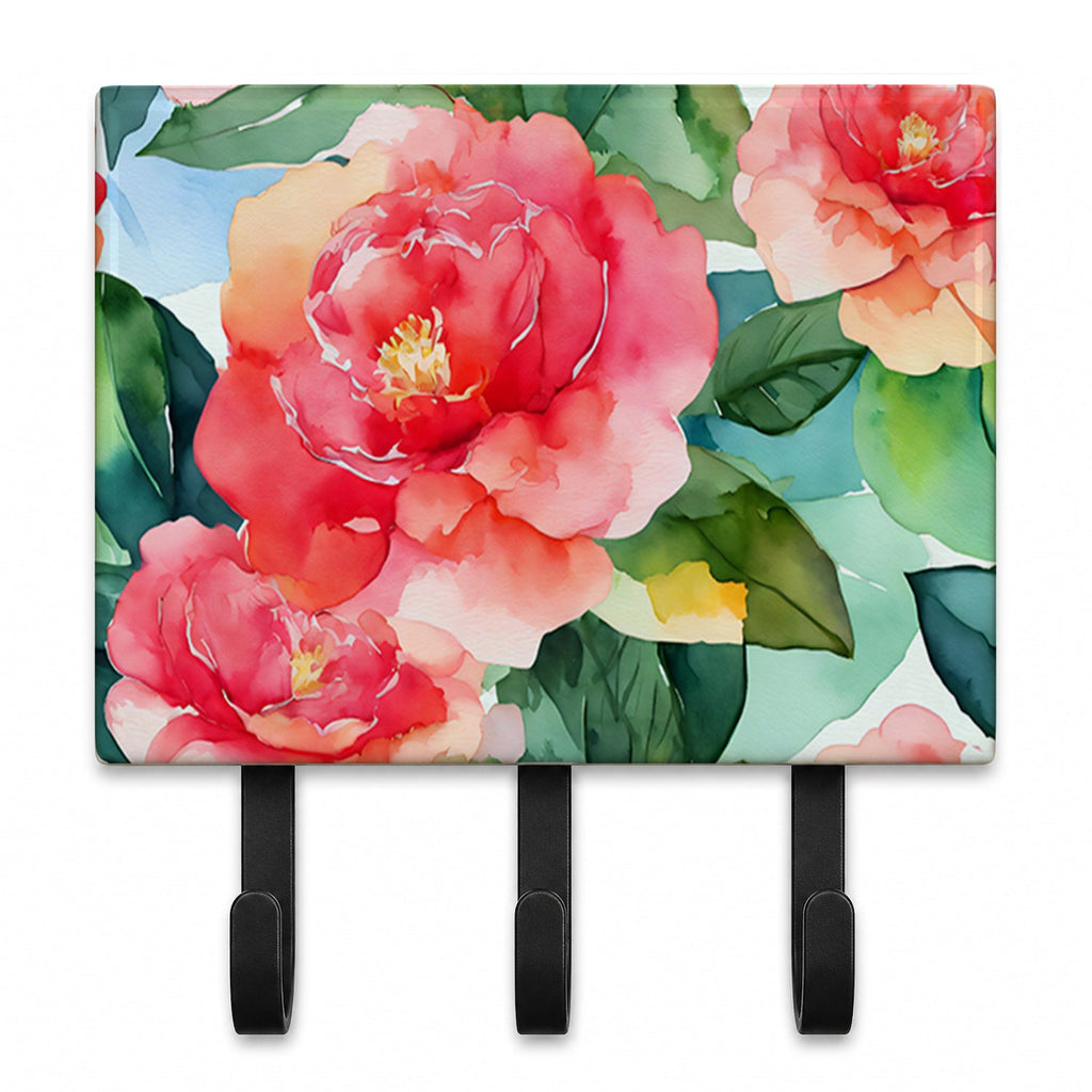 Alabama Camellia in Watercolor Leash or Key Holder Wall Hooks, Coat Rack Wall Mount, for Hanging Keys, Towels, Aprons, Leashes