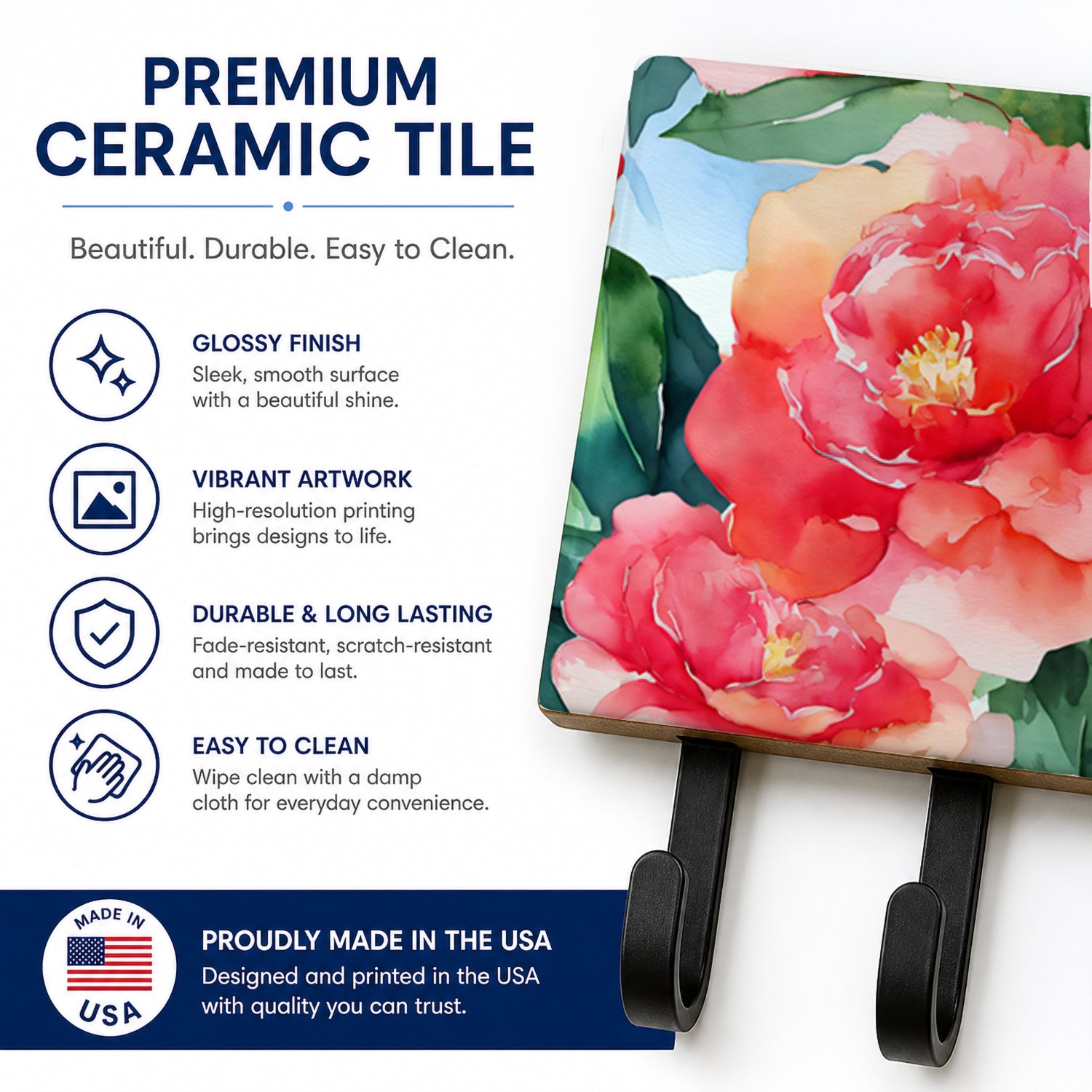 Alabama Camellia in Watercolor Leash or Key Holder Wall Hooks, Coat Rack Wall Mount, for Hanging Keys, Towels, Aprons, Leashes