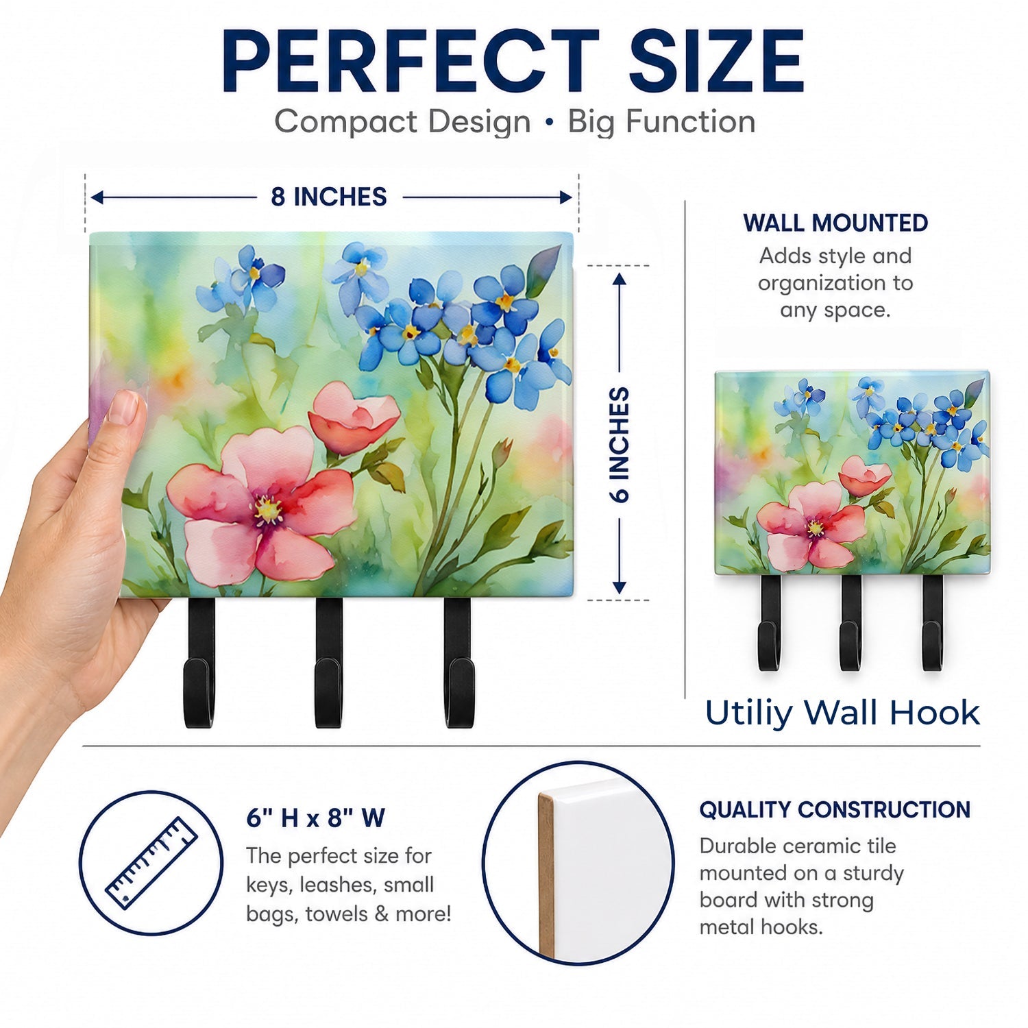 Alaska Forget-me-nots in Watercolor Leash or Key Holder Wall Hooks, Coat Rack Wall Mount, for Hanging Keys, Towels, Aprons, Leashes