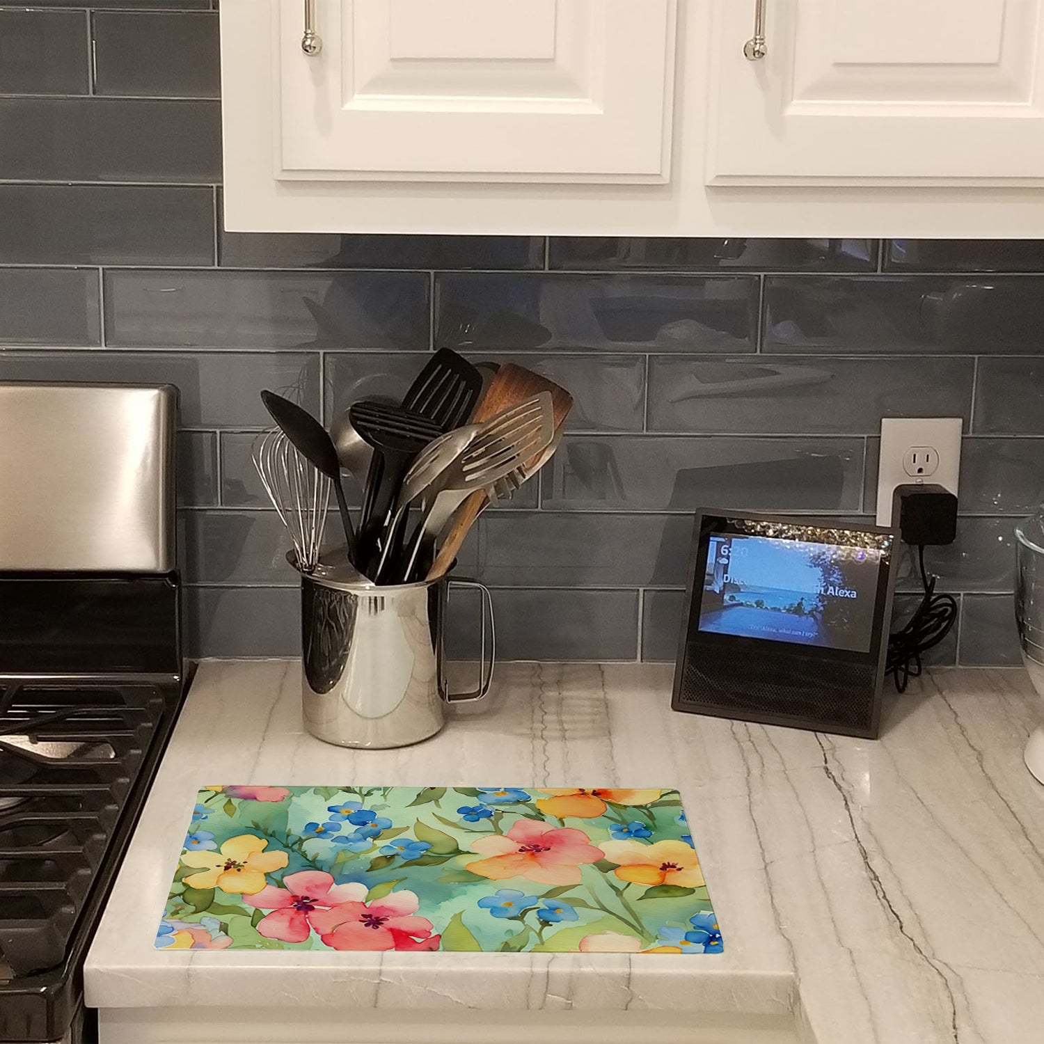Alaska Forget-me-nots in Watercolor Cutting Board Tempered Glass Kitchen Cutting Surface, Heat Resistant Chopping, Non-Slip Feet, Food Prep & Serving