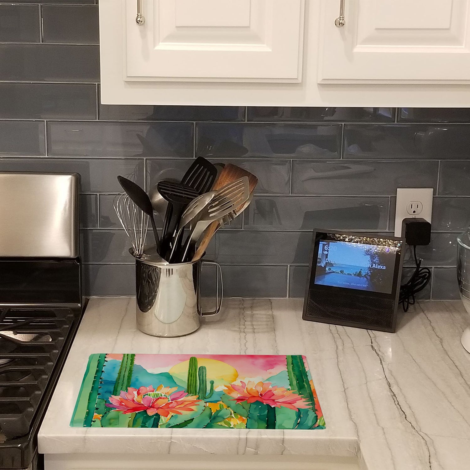 Arizona Saguaro Cactus Blossom in Watercolor Cutting Board Tempered Glass Kitchen Cutting Surface, Heat Resistant Chopping, Non-Slip Feet, Food Prep & Serving