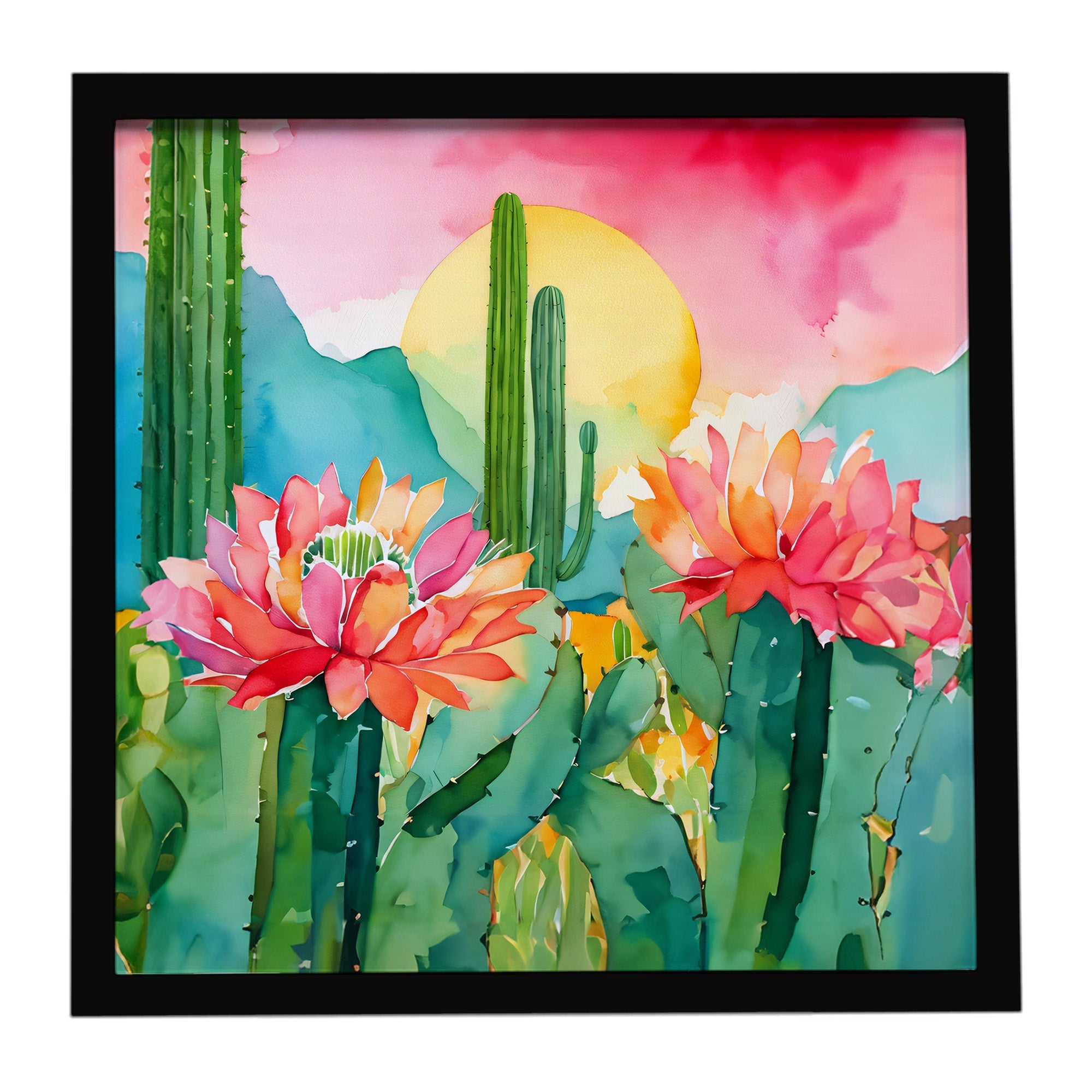 Arizona Saguaro Cactus Blossom in Watercolor Framed Metal Print Bathroom, Kitchen, Office, Home Decor Wall Art Ready to Hang, Square, 8X8