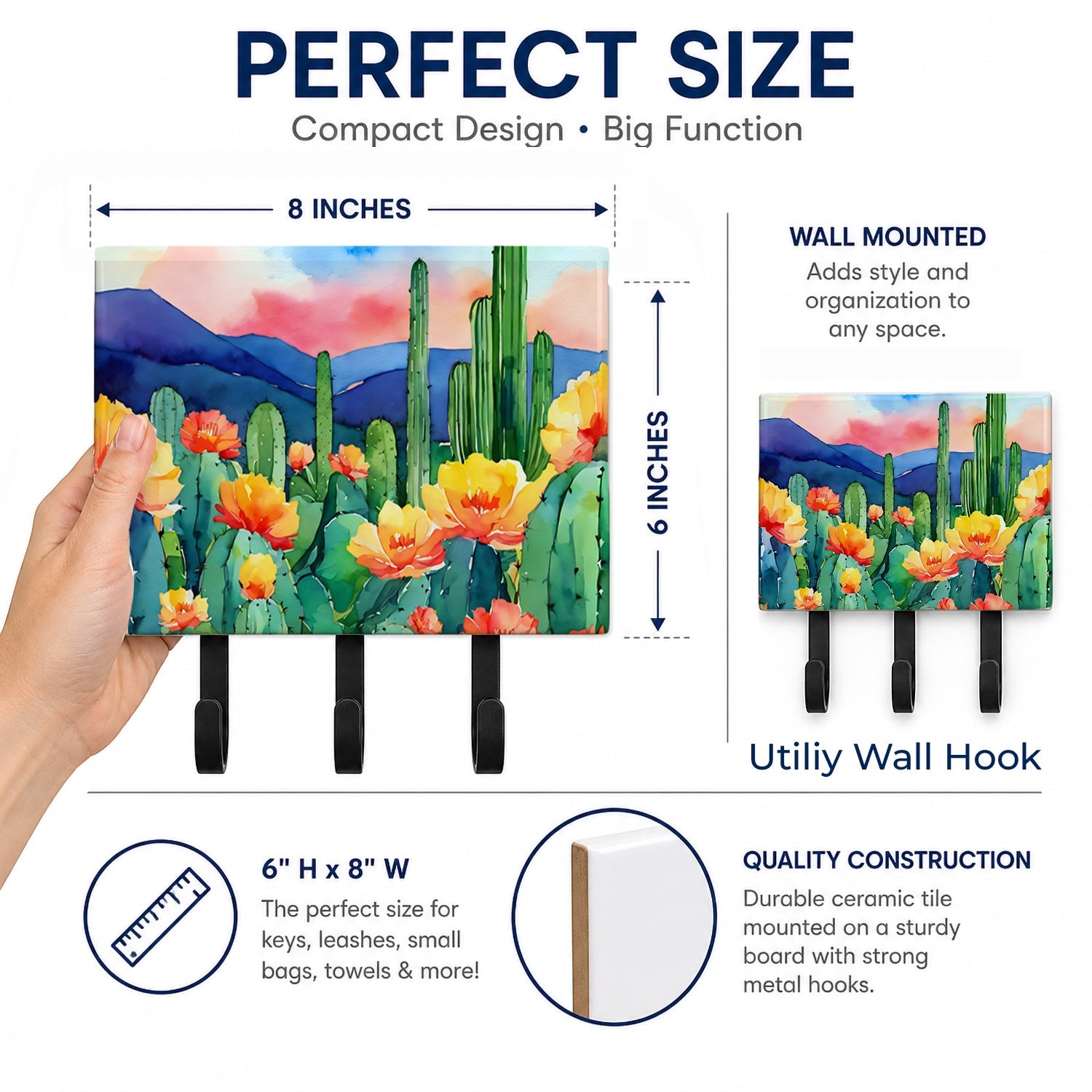 Arizona Saguaro Cactus Blossom in Watercolor Leash or Key Holder Wall Hooks, Coat Rack Wall Mount, for Hanging Keys, Towels, Aprons, Leashes