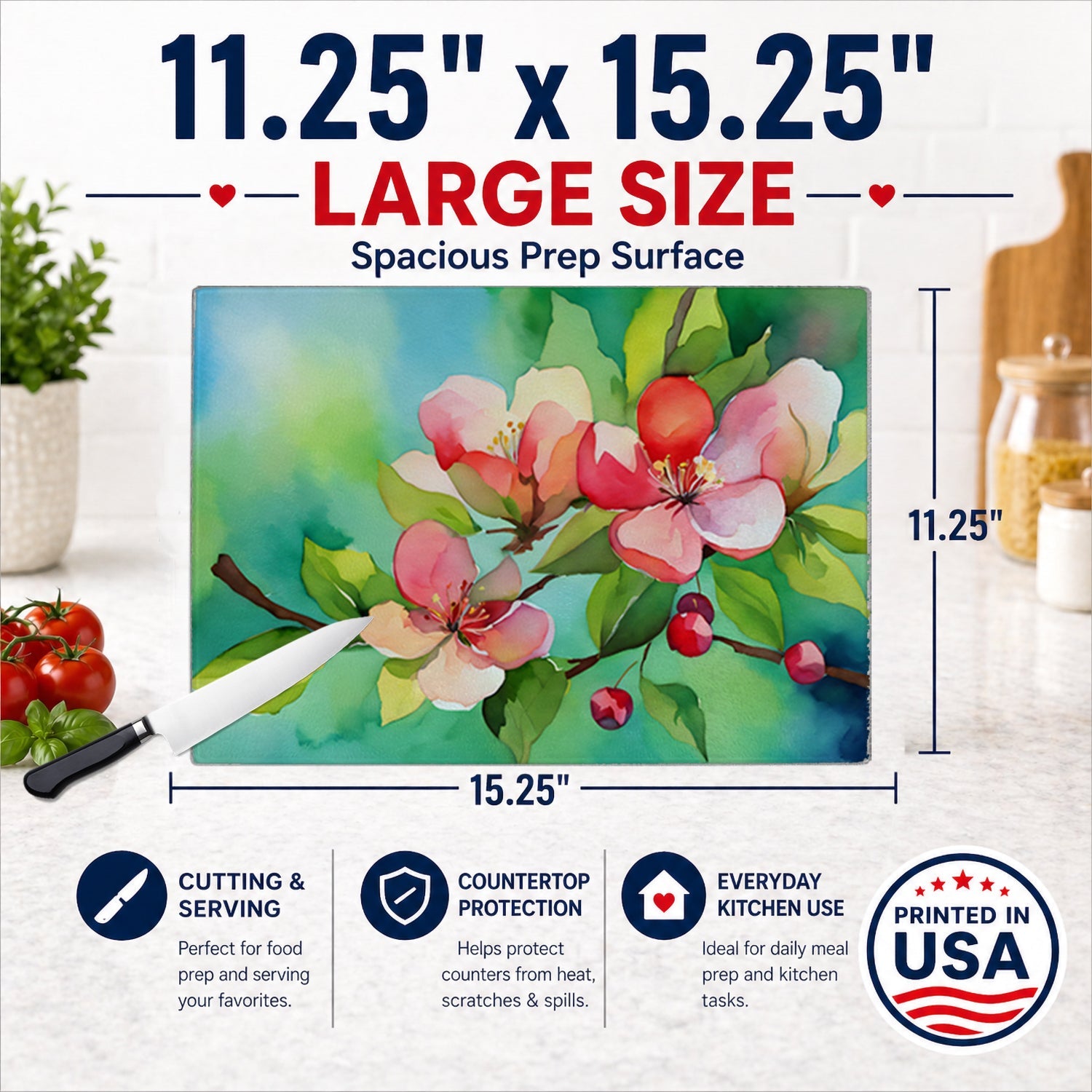 Arkansas Apple Blossom in Watercolor Cutting Board Tempered Glass Kitchen Cutting Surface, Heat Resistant Chopping, Non-Slip Feet, Food Prep & Serving