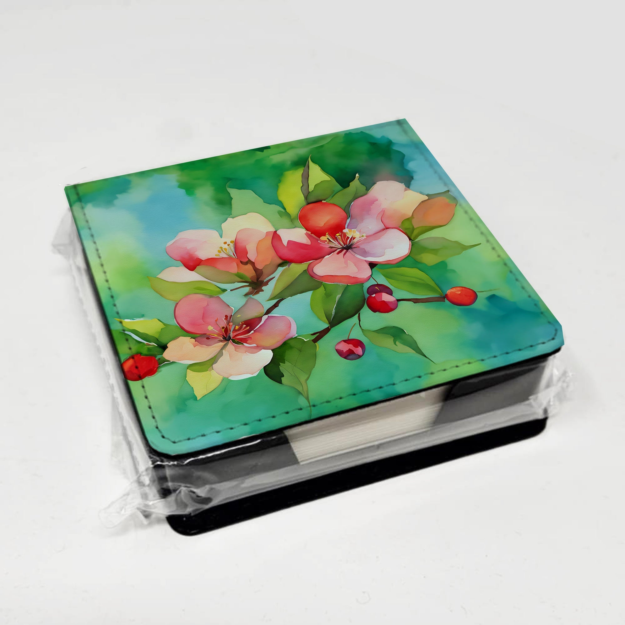 Arkansas Apple Blossom in Watercolor PU Leather Note Paper Holder with Artist-Designed Cover, Desk Accessory, Office Gift