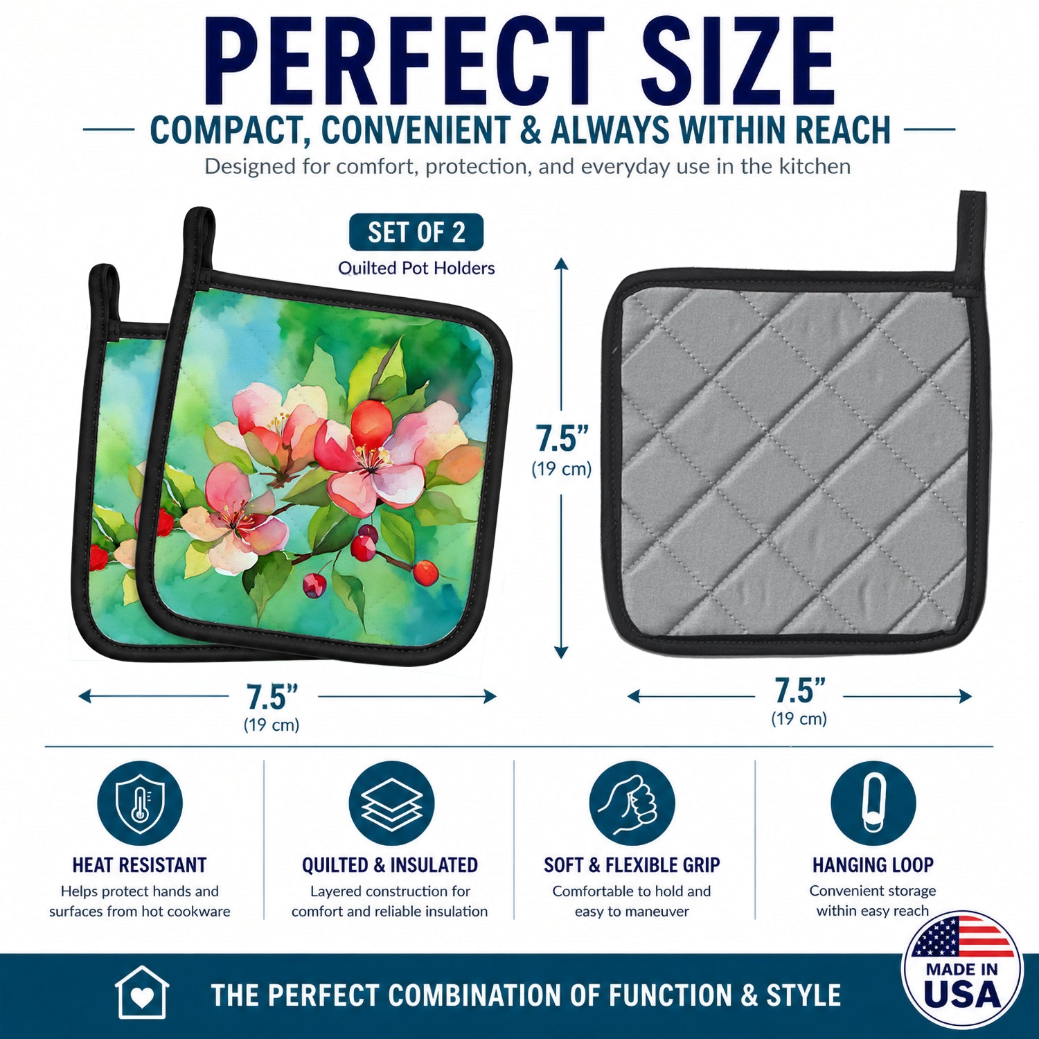 Arkansas Apple Blossom in Watercolor Pot Holder Set of 2 Heat Resistant Quilted Hot Pads 7.5 x 7.5 Inch, Insulated Kitchen Trivets for Cooking & Baking