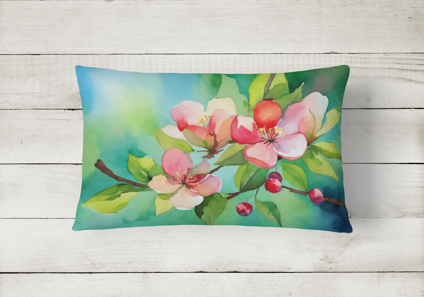 Arkansas Apple Blossom in Watercolor Decorative Throw Pillow 12x16 Indoor Outdoor Accent Cushion, Fabric Cover with Insert for Sofa, Bed, Porch & Living Room