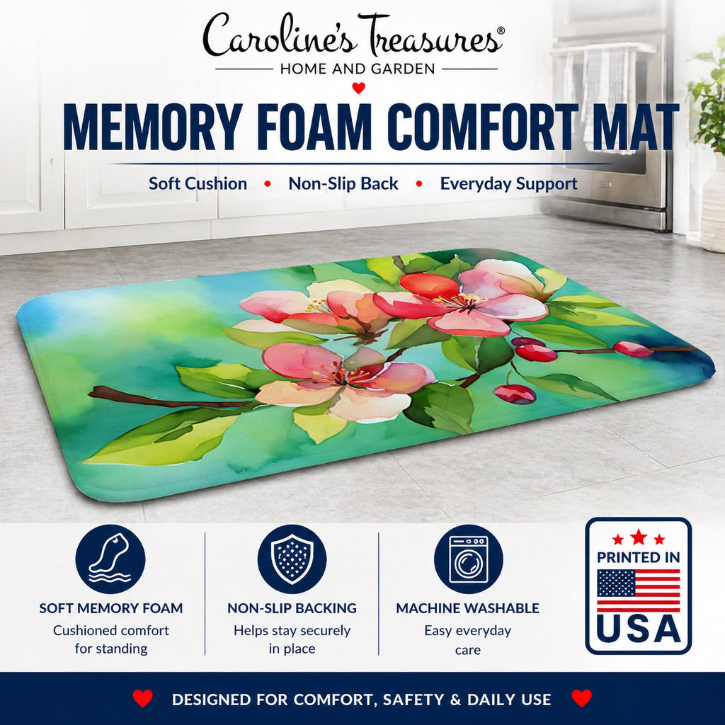 Arkansas Apple Blossom in Watercolor Memory Foam Kitchen Mat Machine Washable Anti-Fatigue Cushion Comfort Bath or Kitchen Rug