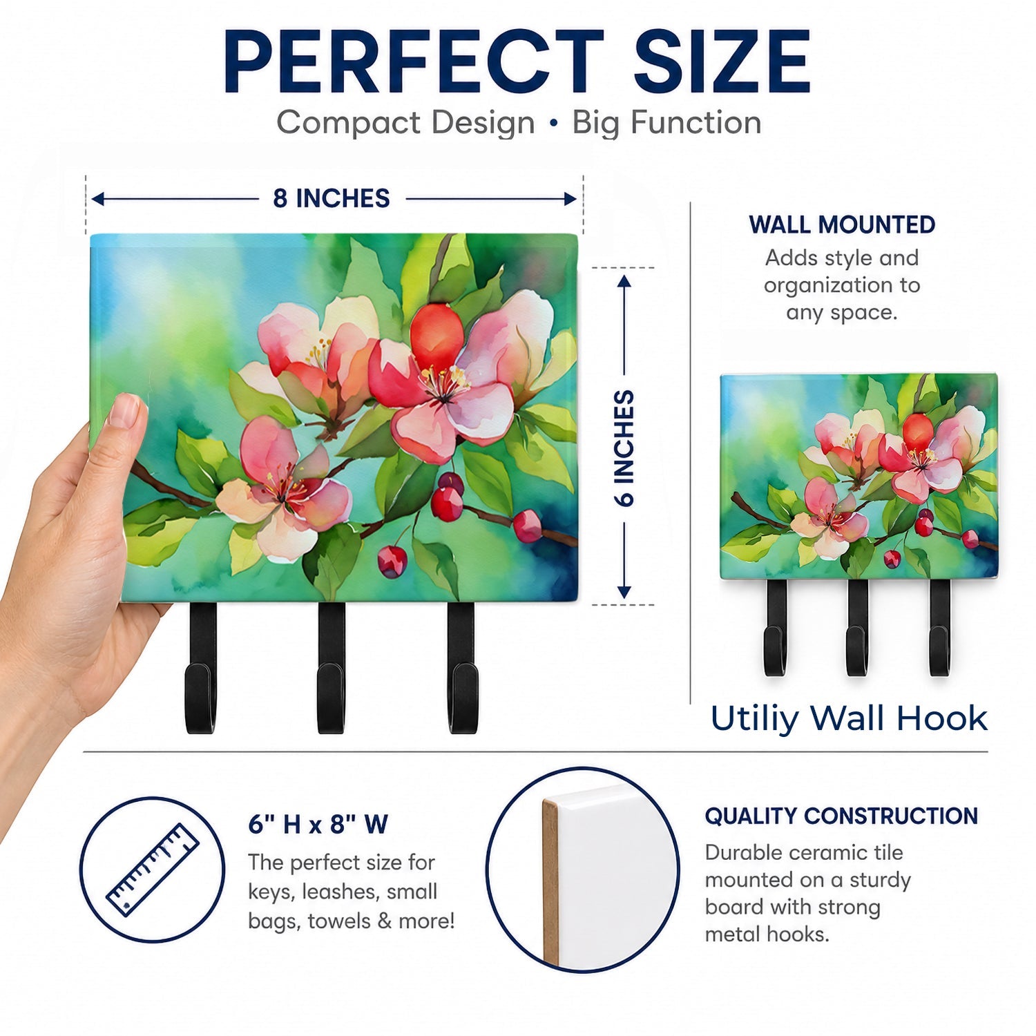 Arkansas Apple Blossom in Watercolor Leash or Key Holder Wall Hooks, Coat Rack Wall Mount, for Hanging Keys, Towels, Aprons, Leashes