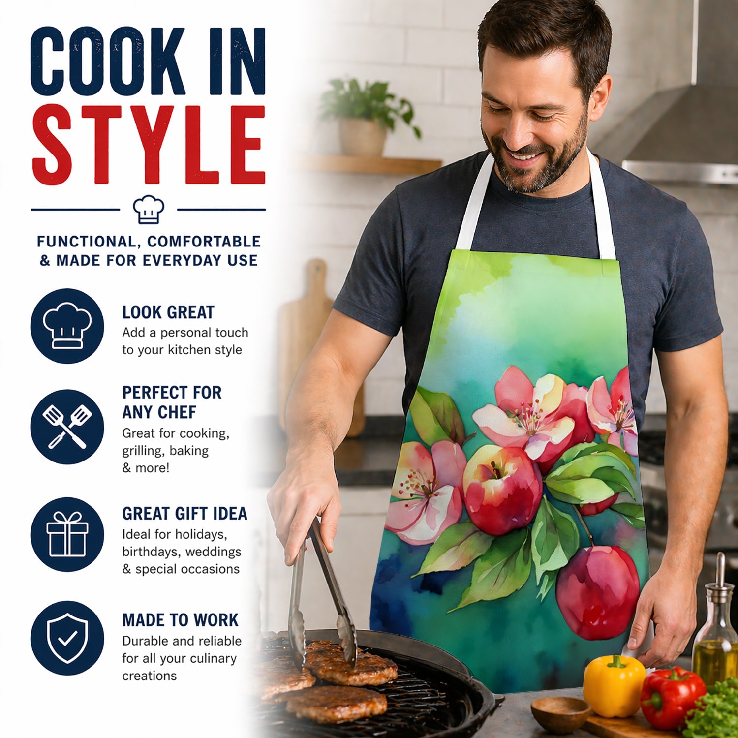 Arkansas Apple Blossom in Watercolor Apron Cooking Kitchen Server Baking Crafts Gardening for Adult Women Men, Unisex, Large, Multicolor