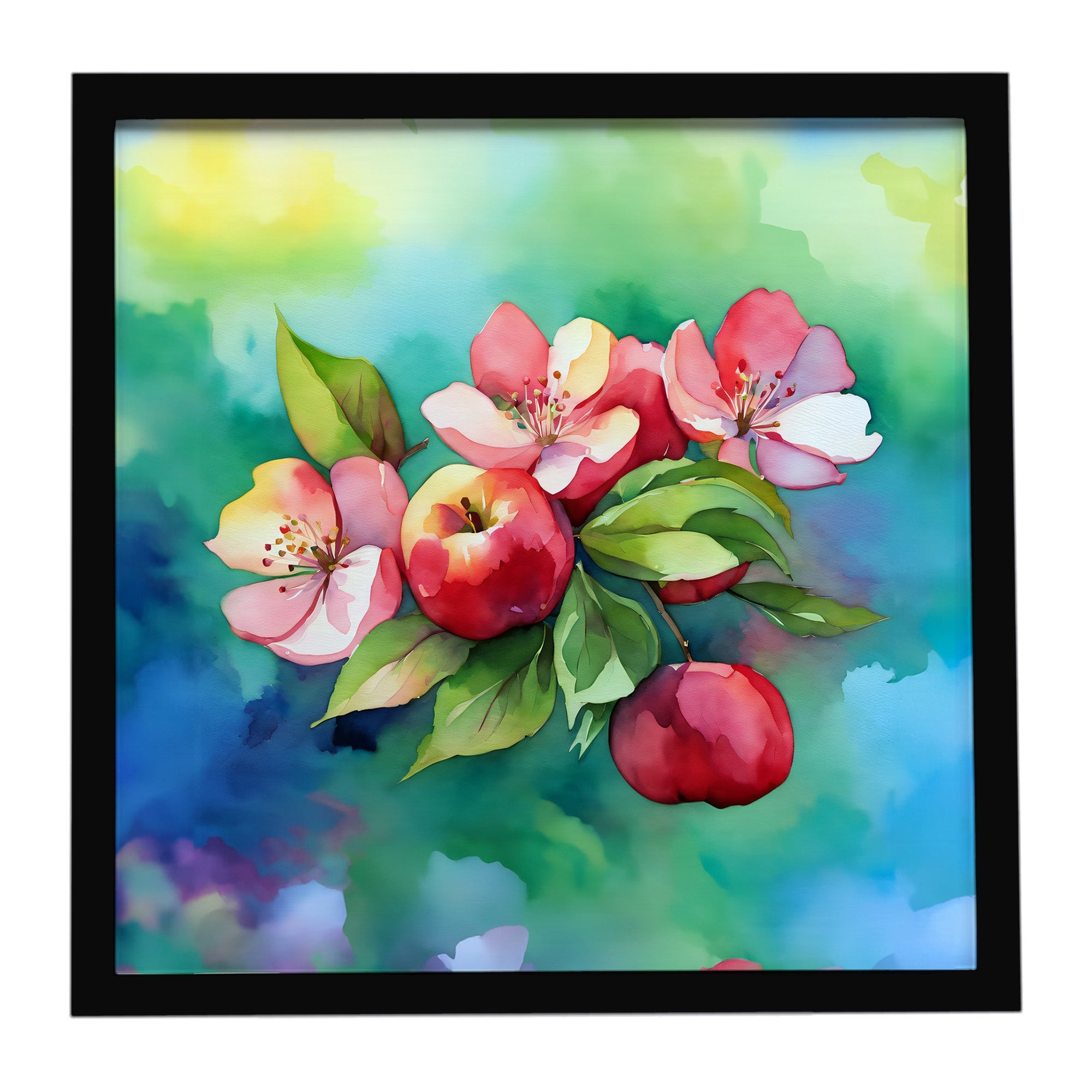 Arkansas Apple Blossom in Watercolor Framed Metal Print Bathroom, Kitchen, Office, Home Decor Wall Art Ready to Hang, Square, 8X8