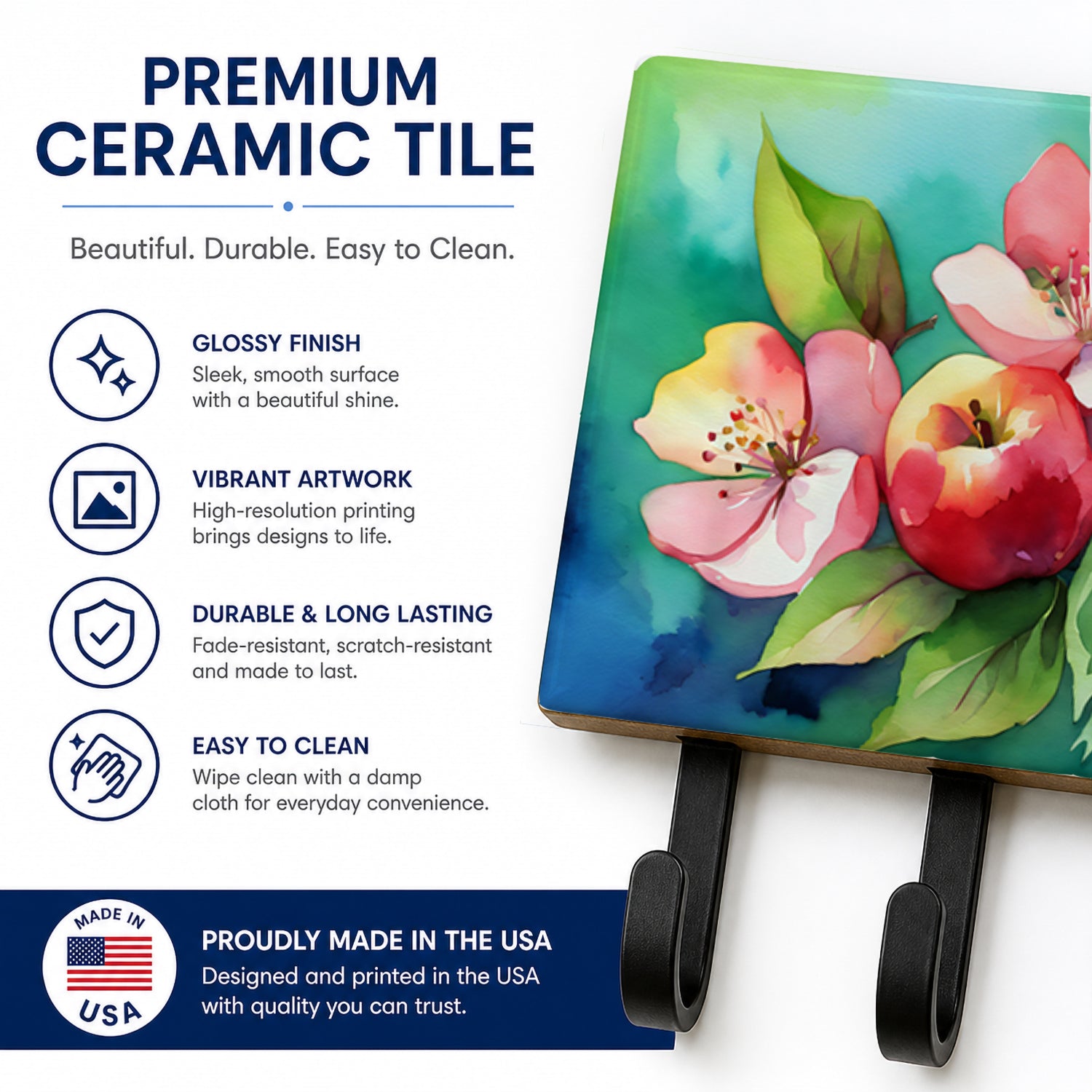 Arkansas Apple Blossom in Watercolor Leash or Key Holder Wall Hooks, Coat Rack Wall Mount, for Hanging Keys, Towels, Aprons, Leashes