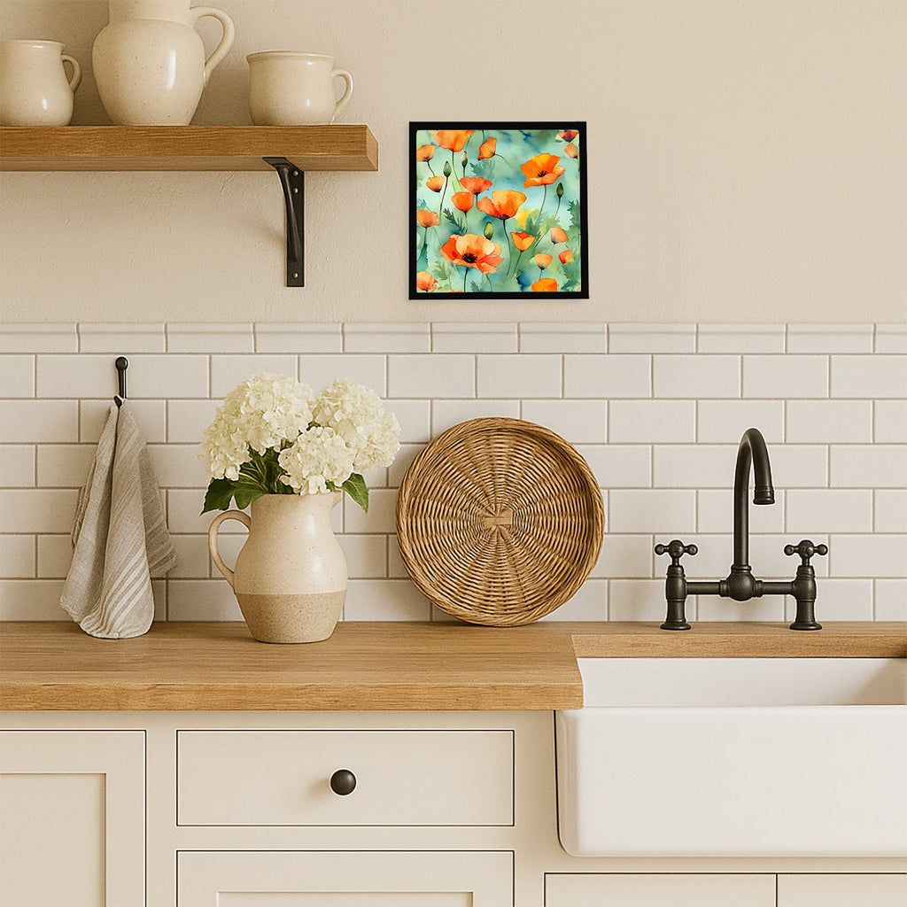 California California Poppies in Watercolor Framed Metal Print Bathroom, Kitchen, Office, Home Decor Wall Art Ready to Hang, Square, 8X8
