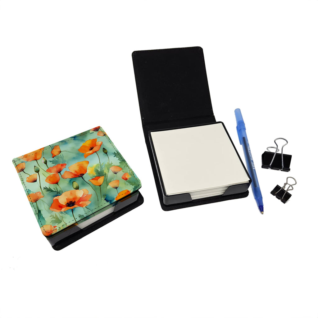 California California Poppies in Watercolor PU Leather Note Paper Holder with Artist-Designed Cover, Desk Accessory, Office Gift