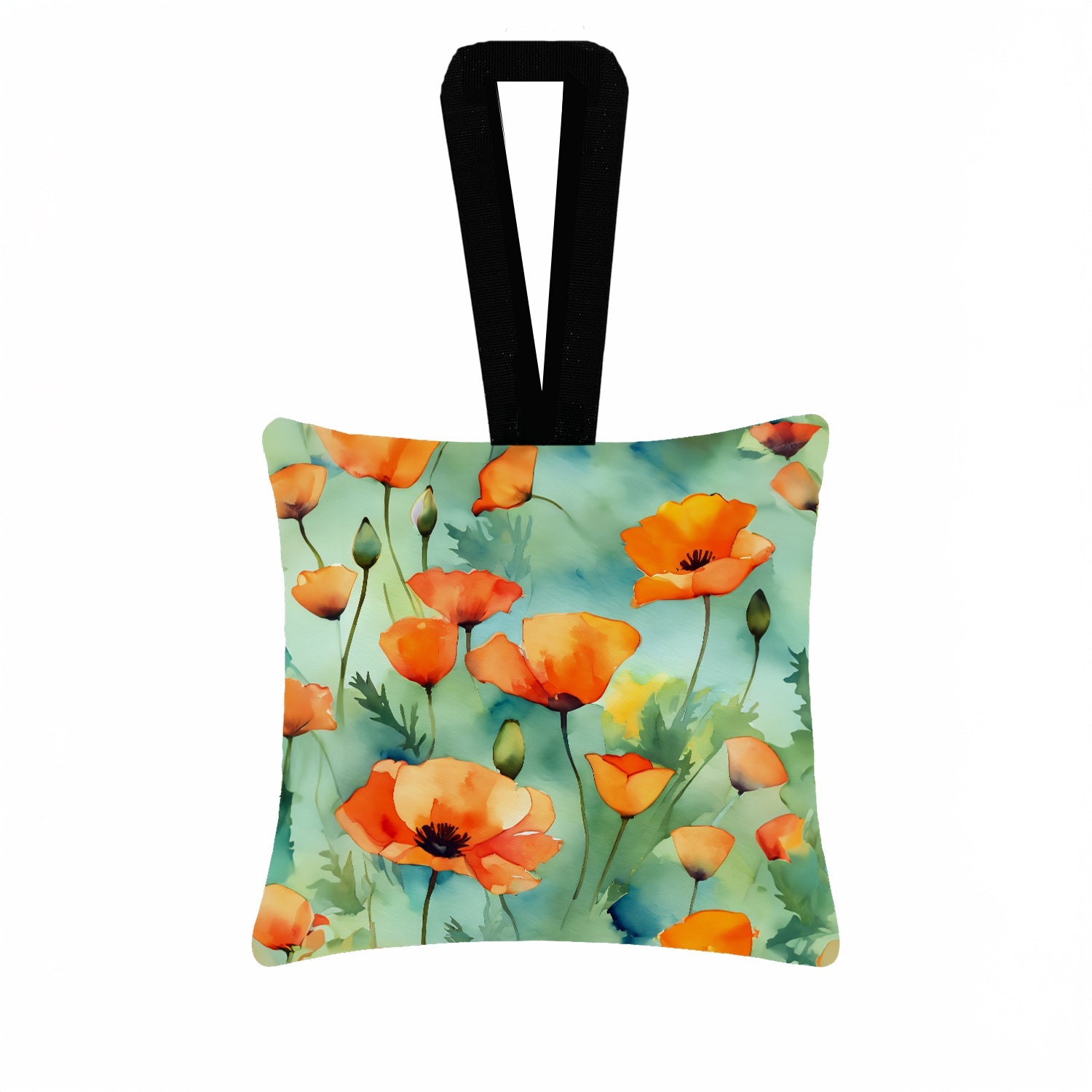 California California Poppies in Watercolor Hanging Square Fabric Ornament 3.5 × 3.5 Decorative Door-Knob & Tree Hanger, Soft Fabric
